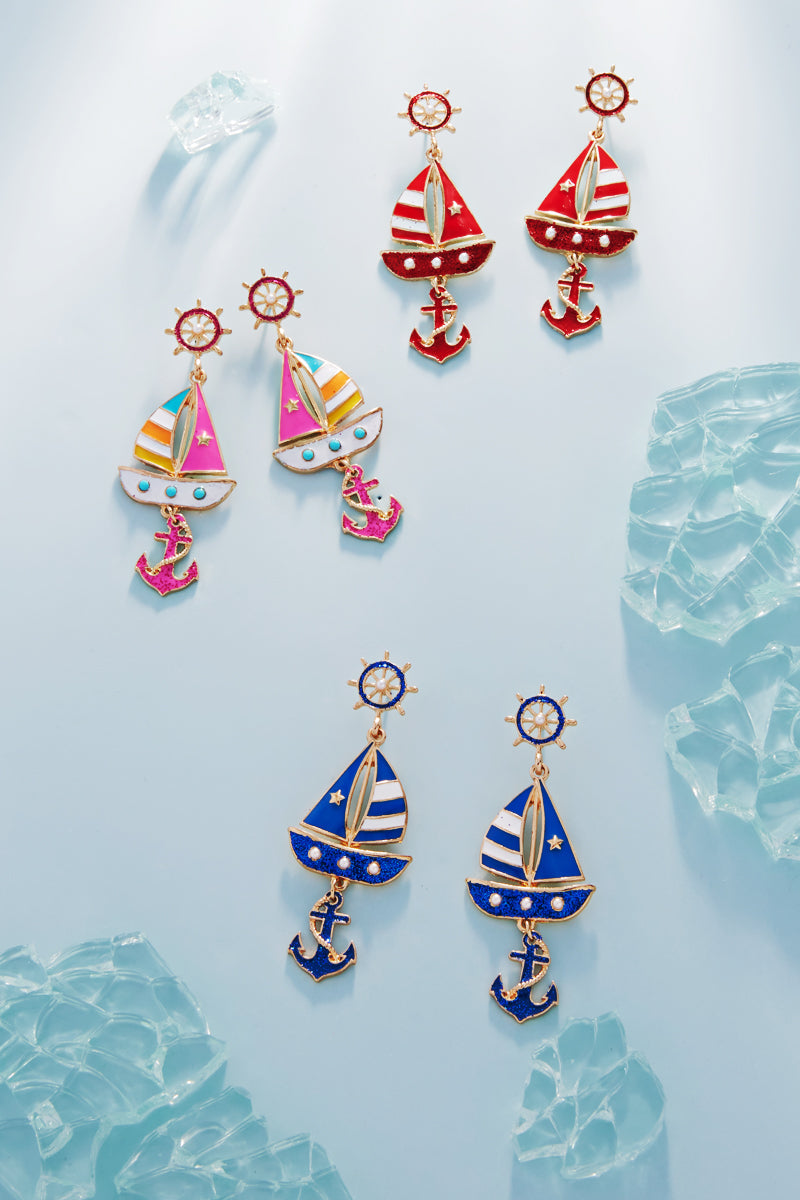 Sailboat Dangle Earrings with Anchor Charm – Nautical Enamel Drop Jewelry