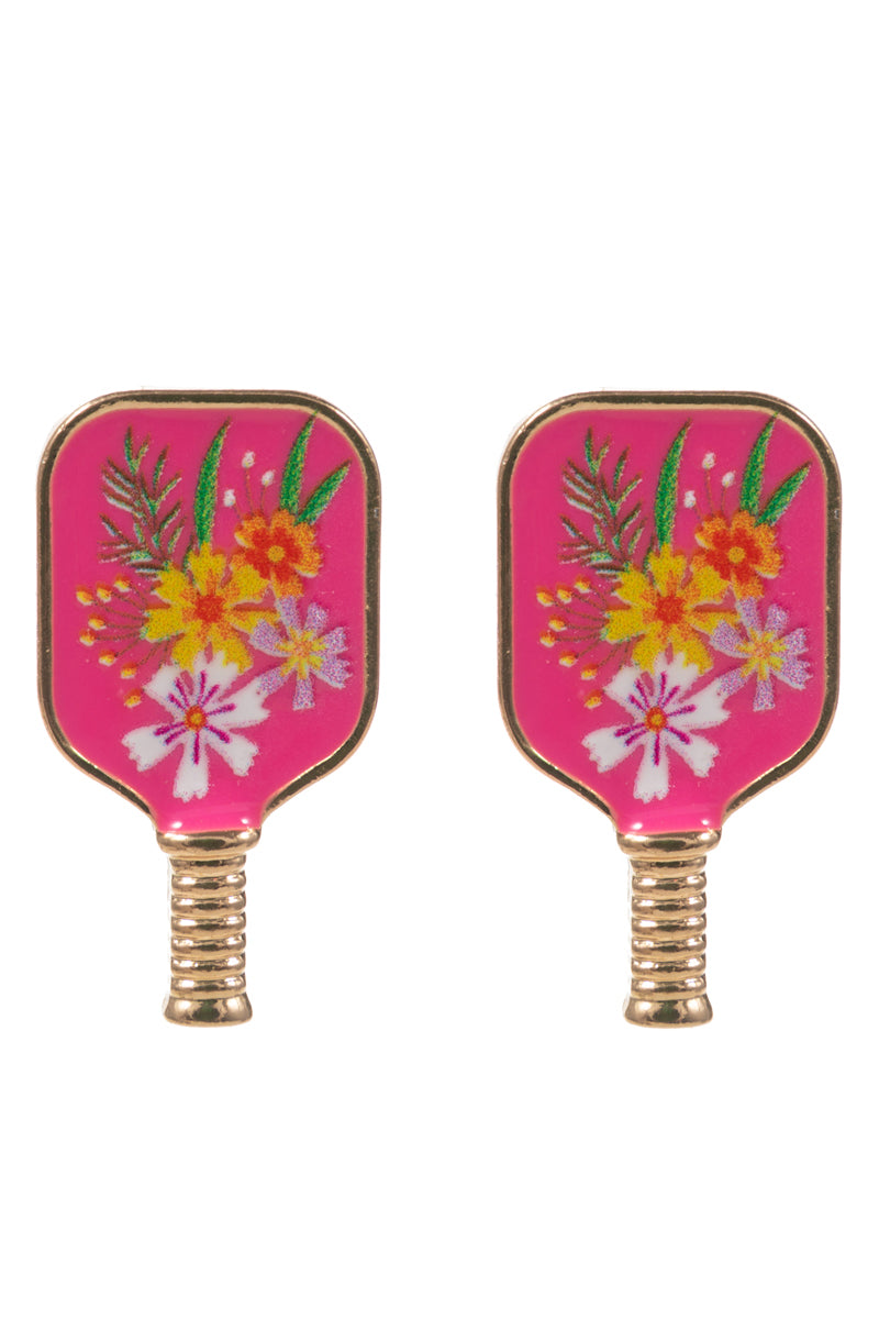 Floral Pickleball Paddle Post Earrings – Pink & White | Enamel Sports Jewelry