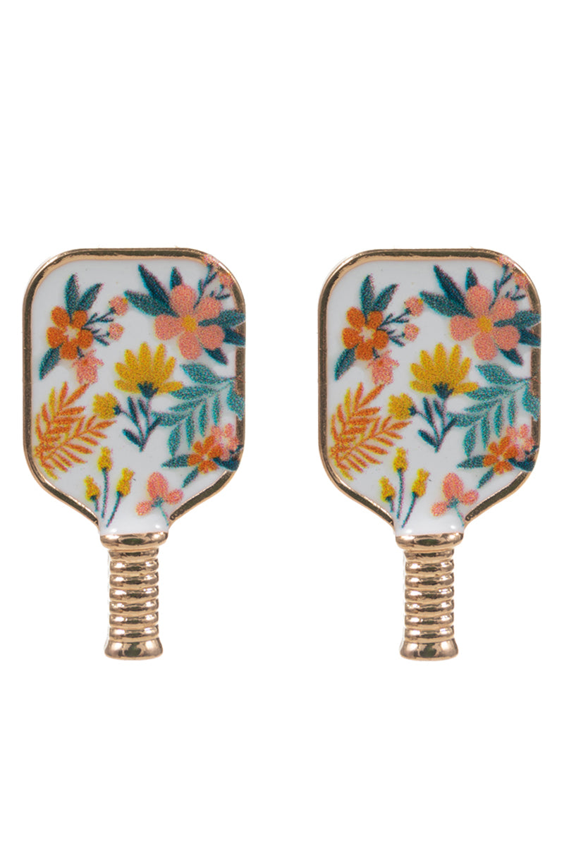 Floral Pickleball Paddle Post Earrings – Pink & White | Enamel Sports Jewelry