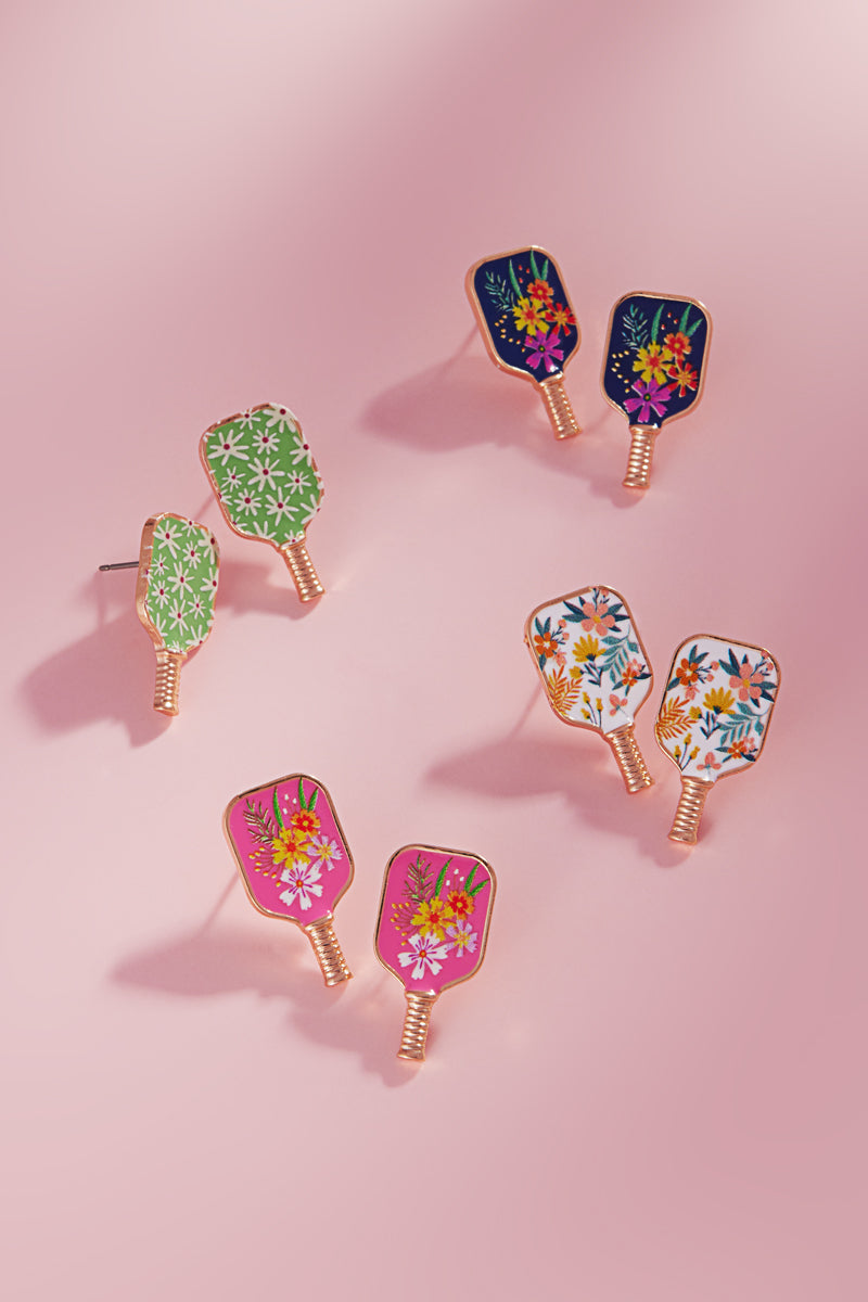 Floral Pickleball Paddle Post Earrings – Pink & White | Enamel Sports Jewelry