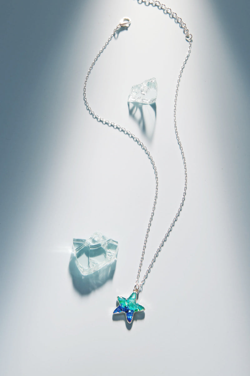 Starfish Pendant Necklace – Blue Resin Star Charm on Silver Chain, Beach Jewelry Gift