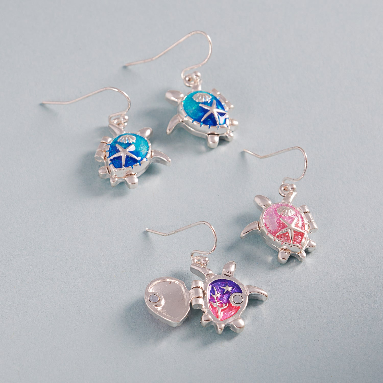 Sea Turtle Locket Drop Earrings with Opal-Style Inlay & Starfish Detail