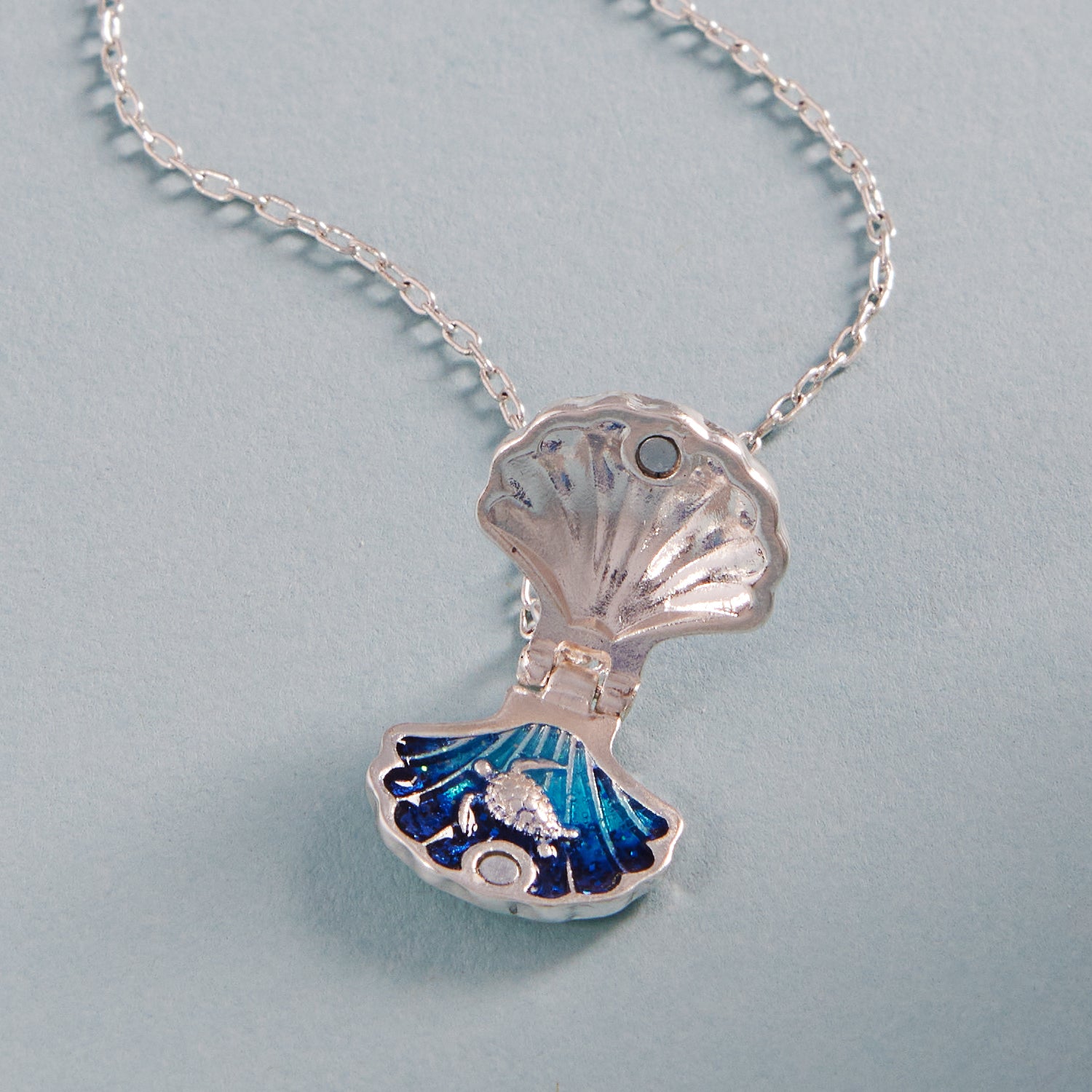 Seashell Locket Necklace with Blue Resin & Silver Chain – Ocean-Inspired Jewelry Gift
