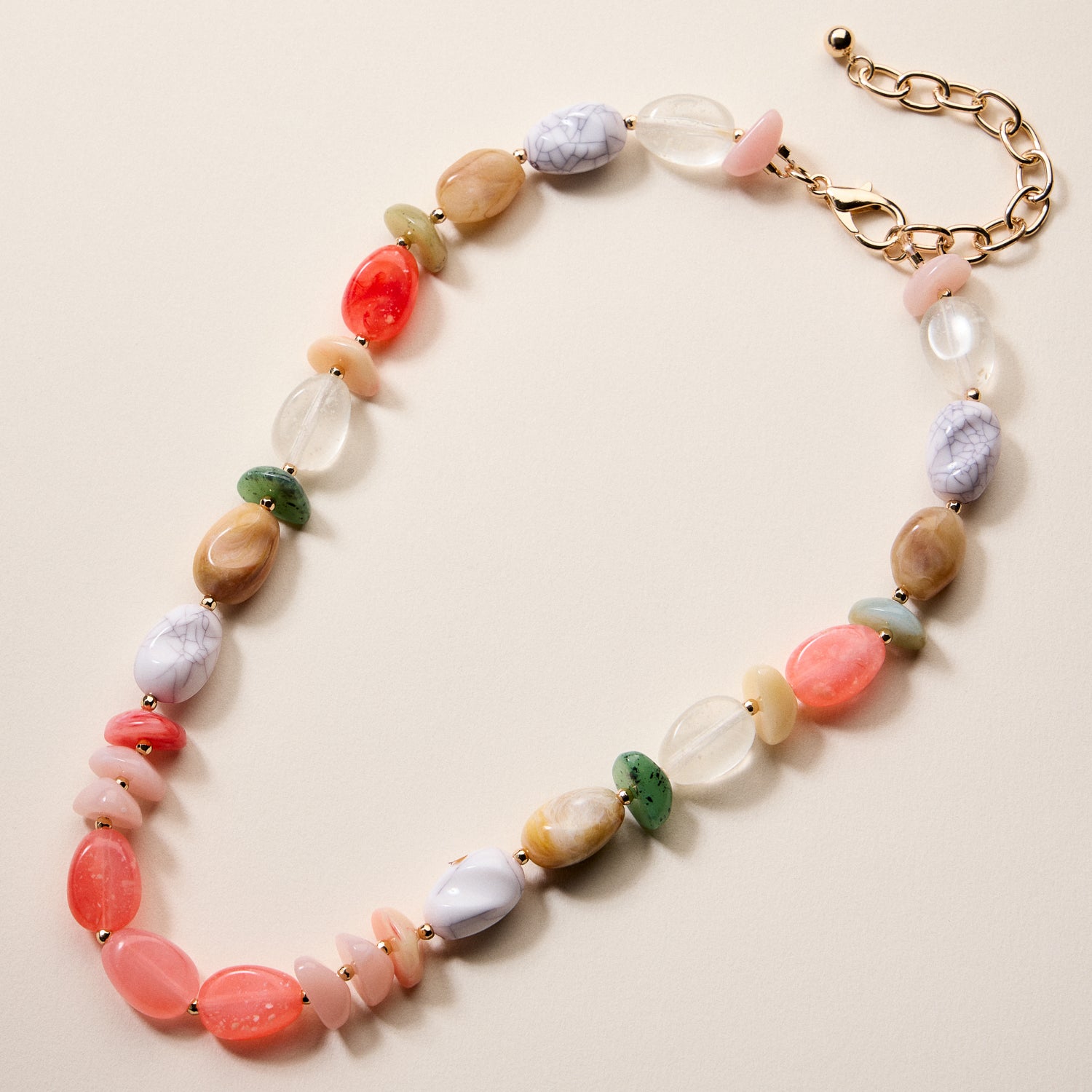 Organic Resin Bead Necklace – Colorful Chunky Beaded Statement Chain with Gold Accents, Adjustable Length