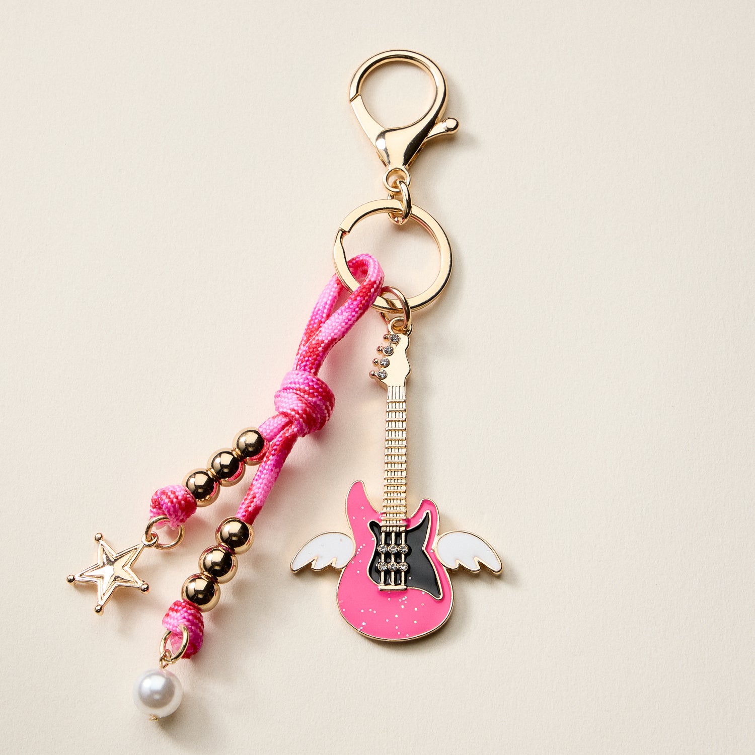 Angel Guitar | Enamel Keychain with Star & Pearl Beads