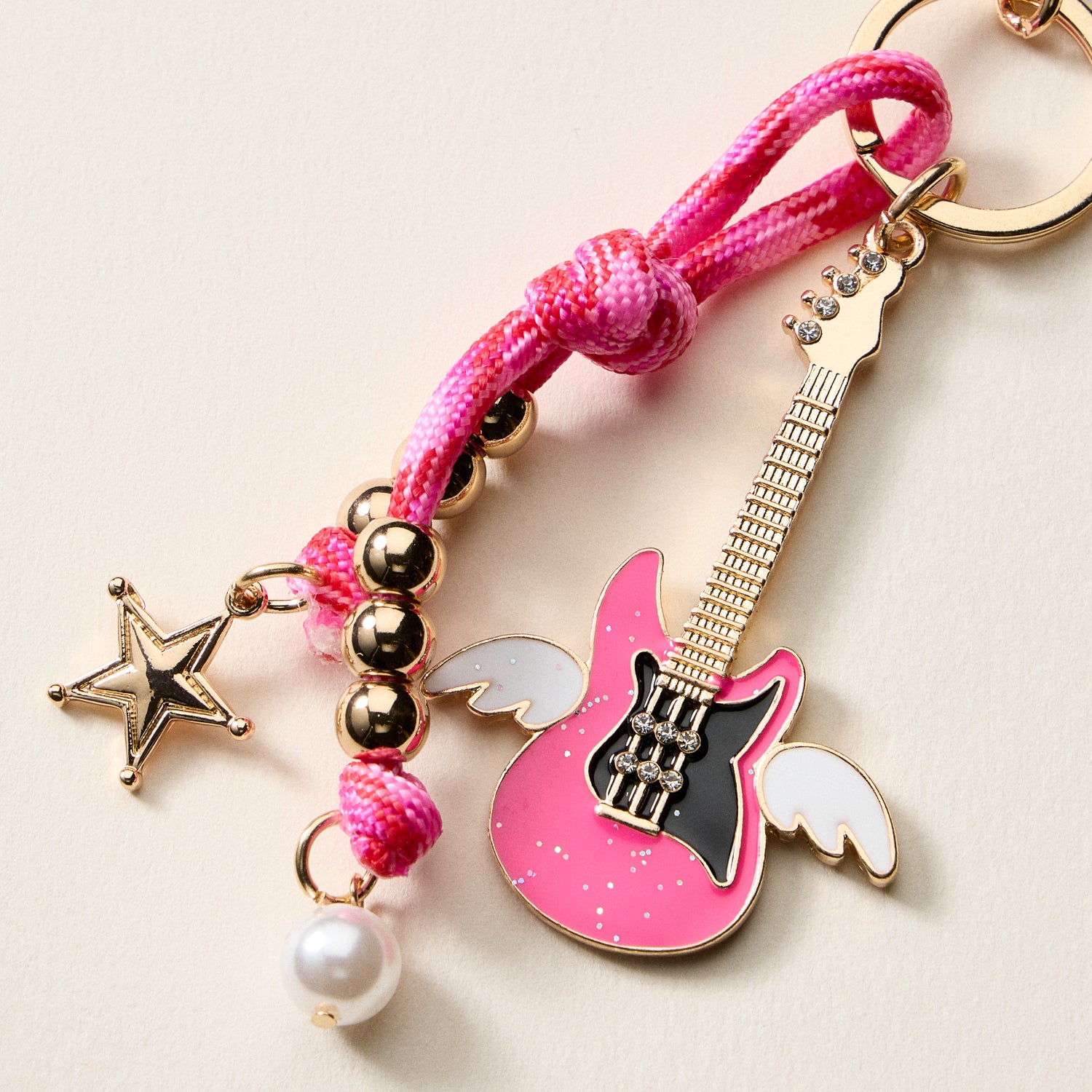 Angel Guitar | Enamel Keychain with Star & Pearl Beads