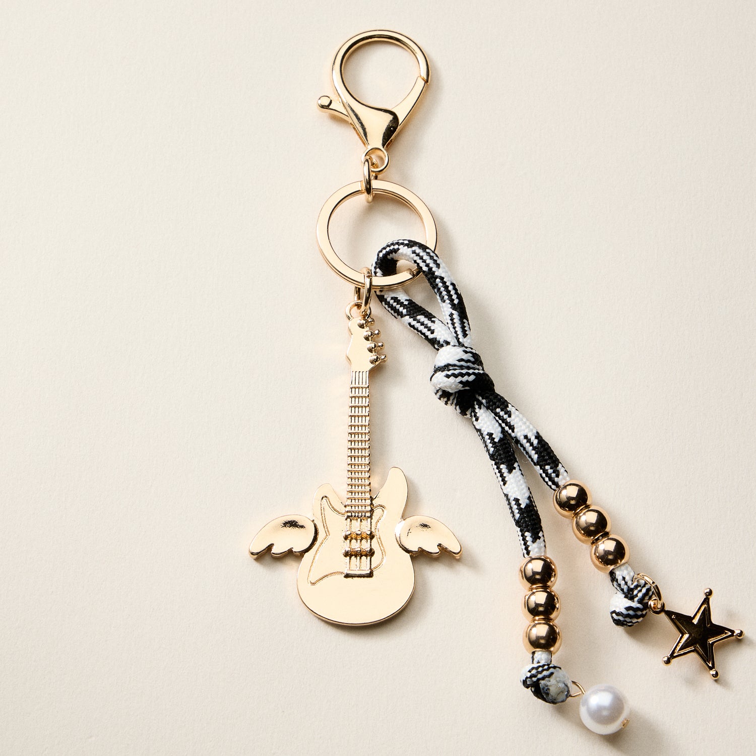 Angel Guitar | Enamel Keychain with Star & Pearl Beads