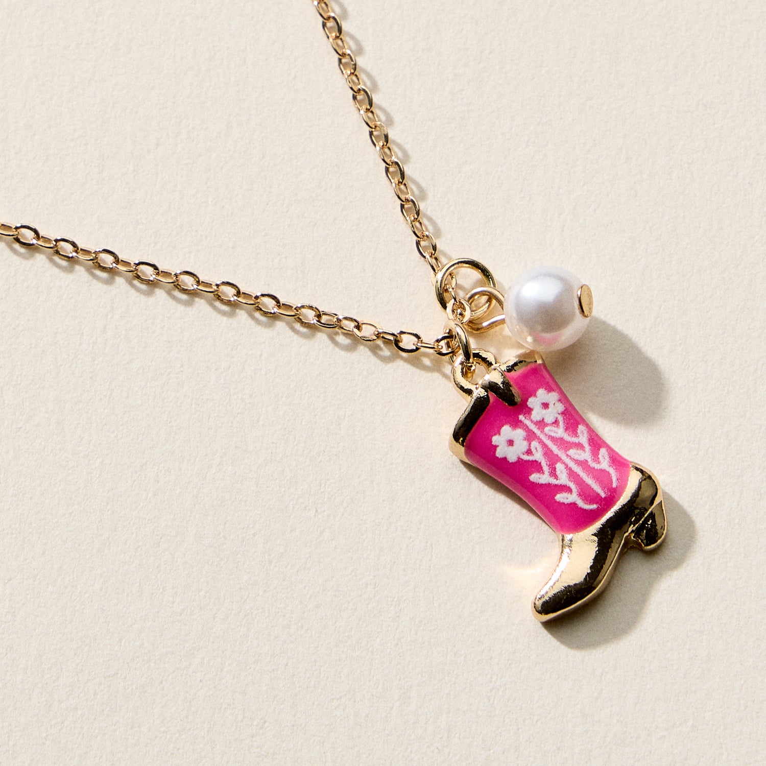 Boot Enamel Necklace – Cowboy Boot Pendant with Printed Detail & Pearl Accent - Frem