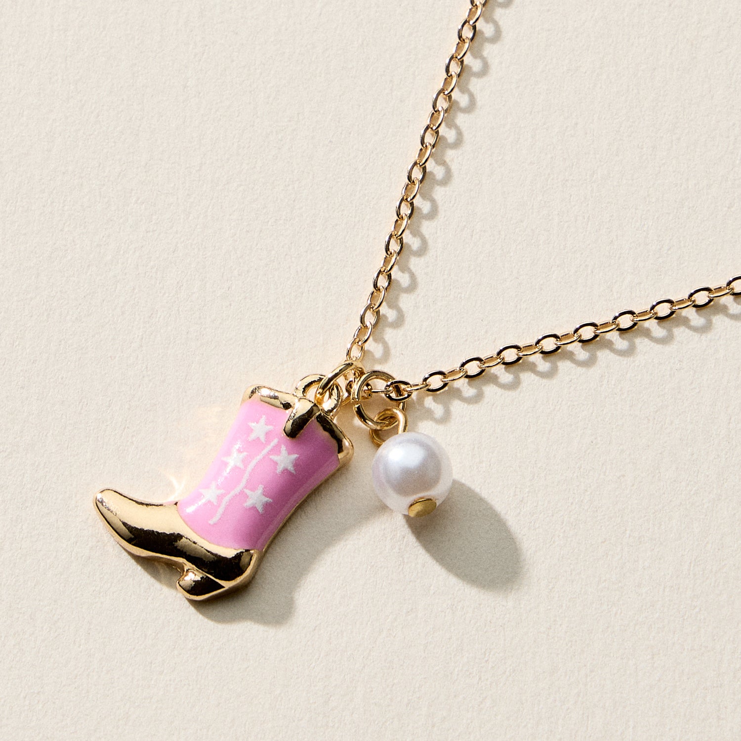 Boot Enamel Necklace – Cowboy Boot Pendant with Printed Detail & Pearl Accent - Frem