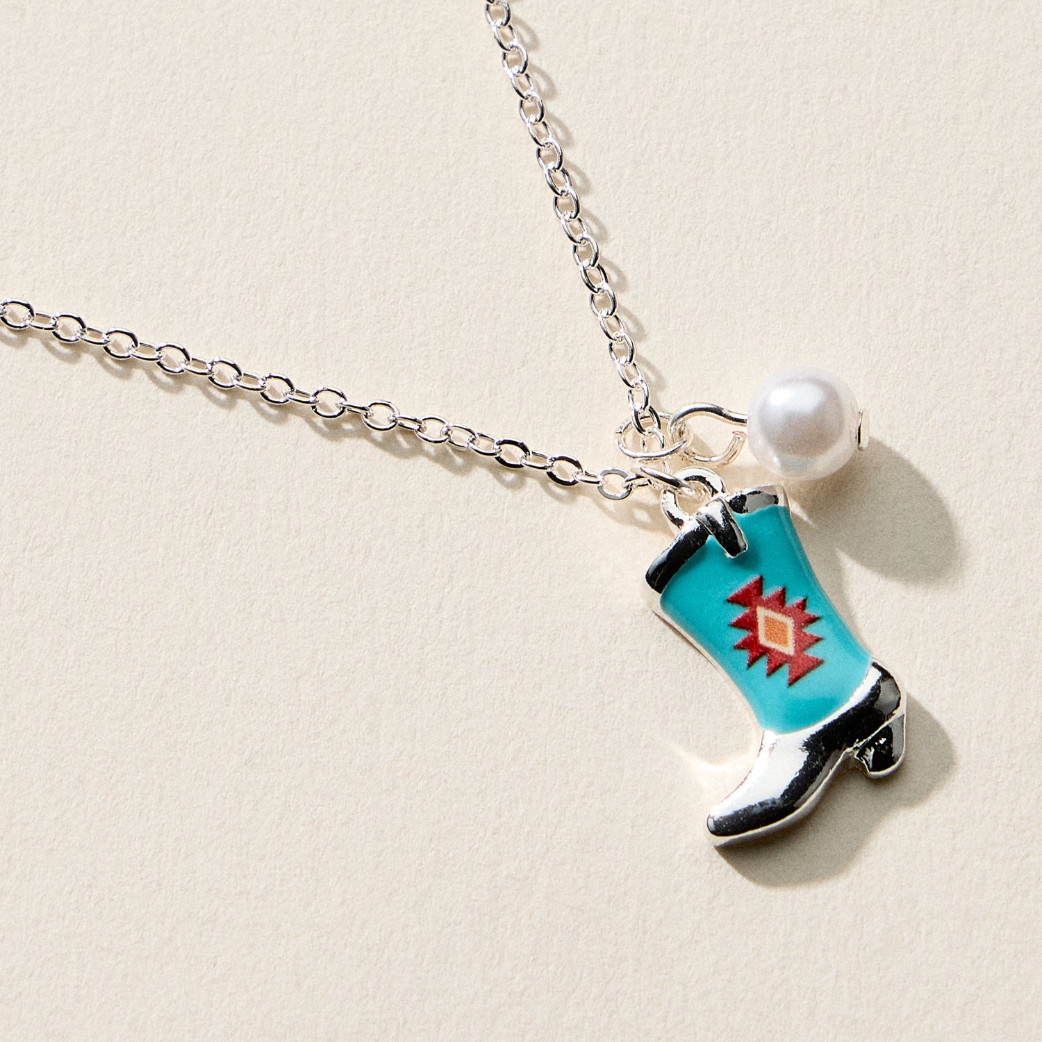 Boot Enamel Necklace – Cowboy Boot Pendant with Printed Detail & Pearl Accent - Frem