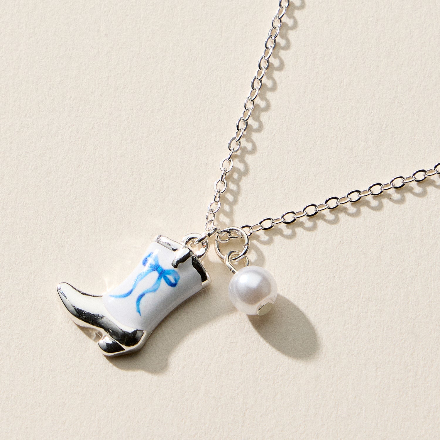 Boot Enamel Necklace – Cowboy Boot Pendant with Printed Detail & Pearl Accent - Frem