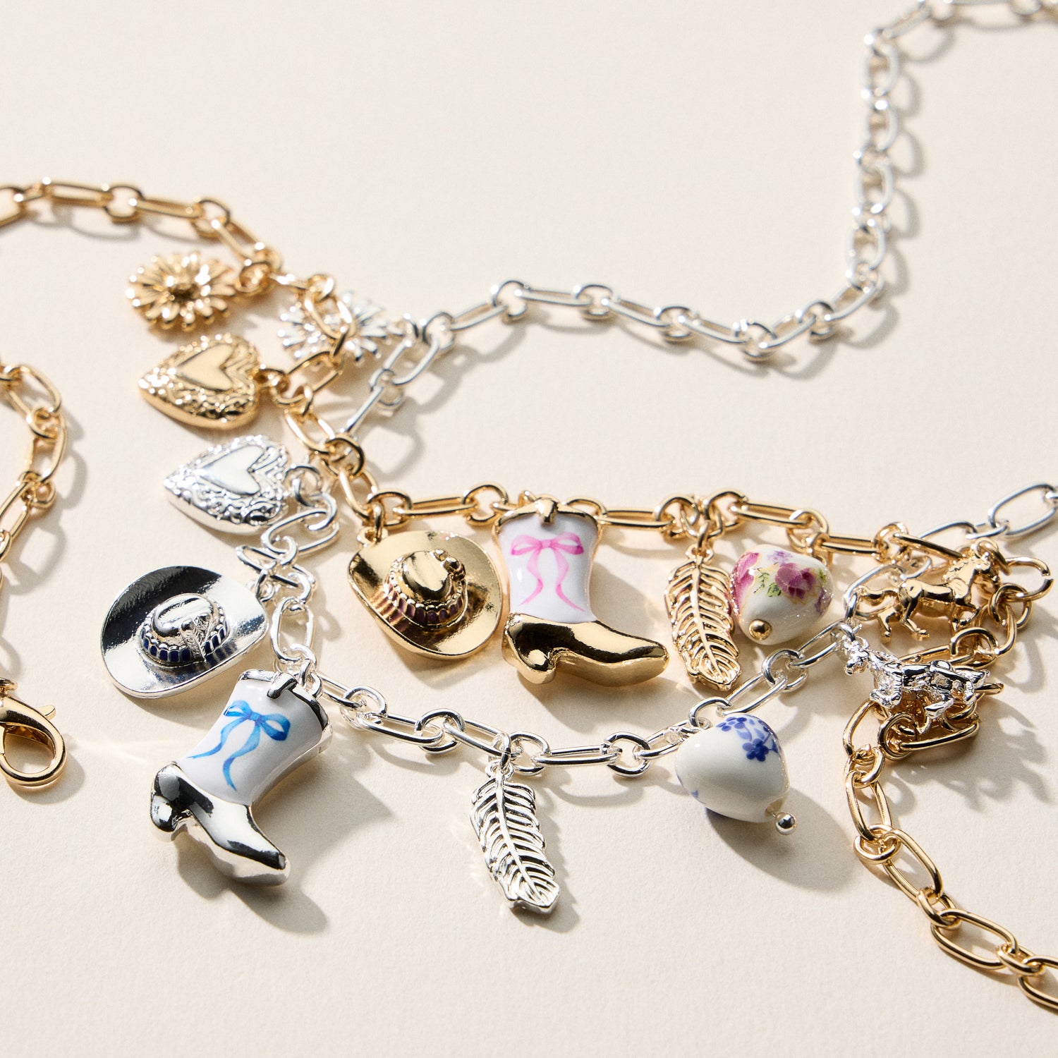 Western Charm Necklace – Mixed Icon Chain with Boot, Hat & Horse Charms and Ceramic Bead