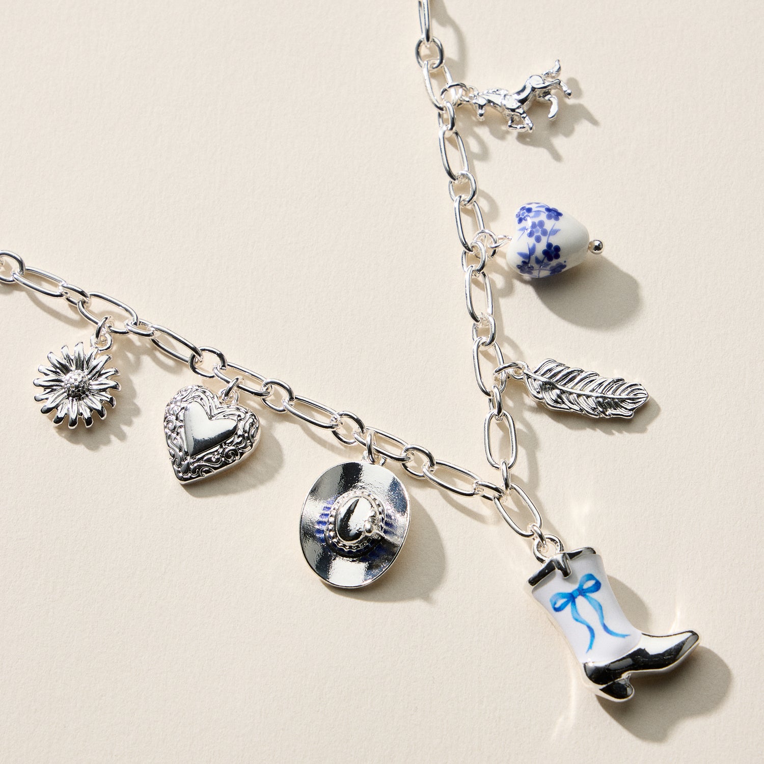 Western Charm Necklace – Mixed Icon Chain with Boot, Hat & Horse Charms and Ceramic Bead