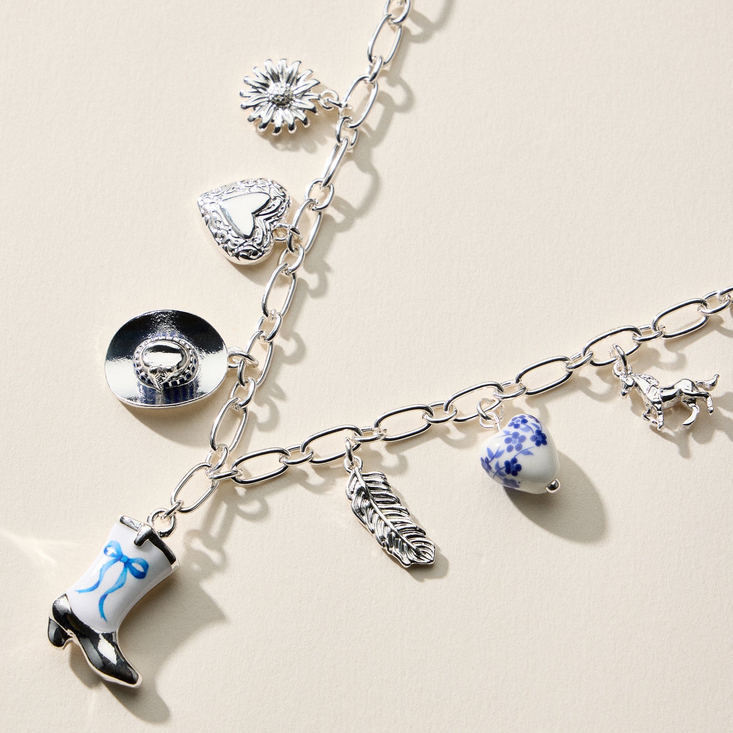 Western Charm Necklace – Mixed Icon Chain with Boot, Hat & Horse Charms and Ceramic Bead