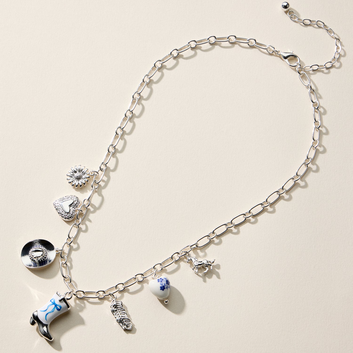Western Charm Necklace – Mixed Icon Chain with Boot, Hat & Horse Charms and Ceramic Bead