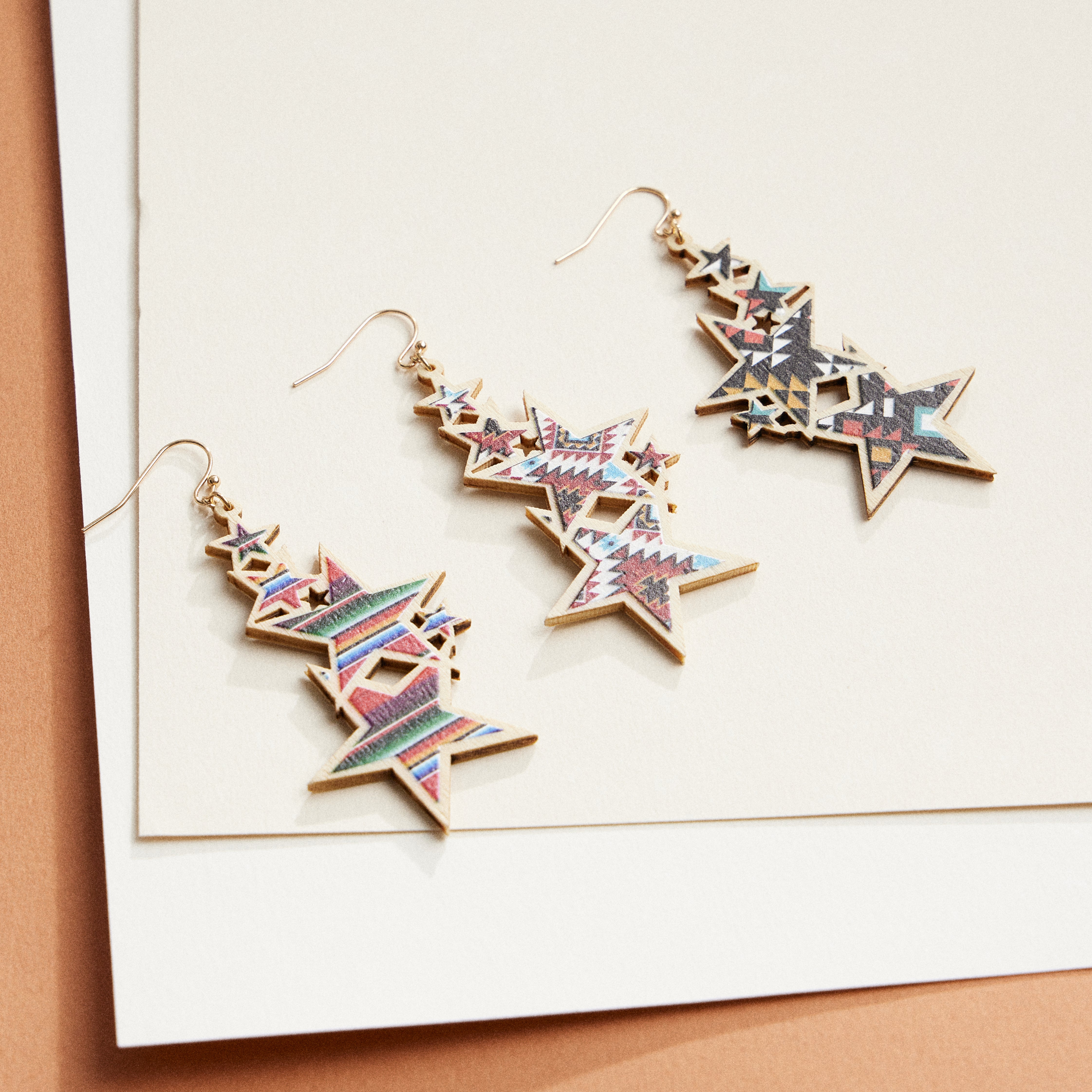 Wooden Aztec Patterned Star Earrings