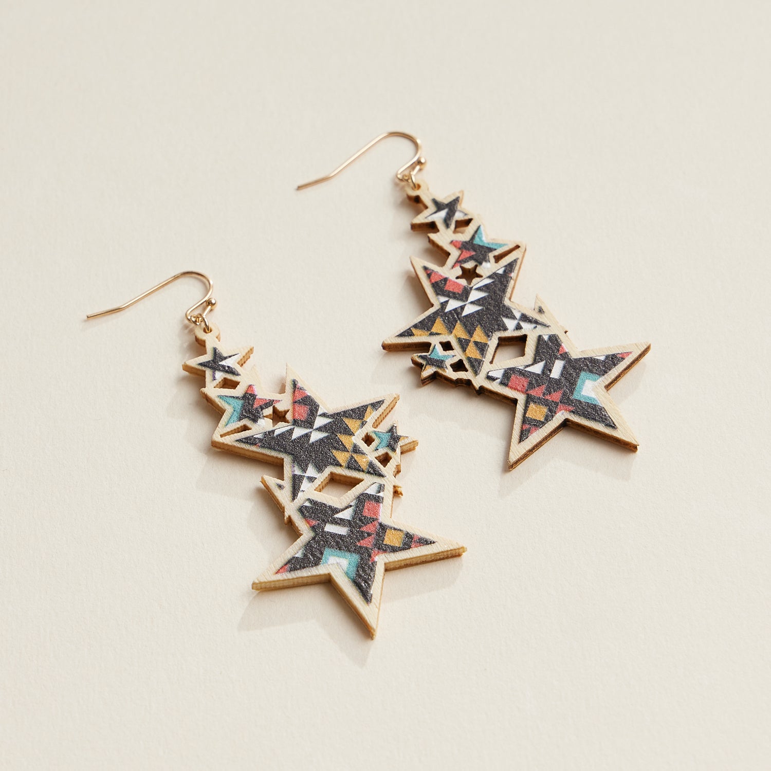 Wooden Aztec Patterned Star Earrings