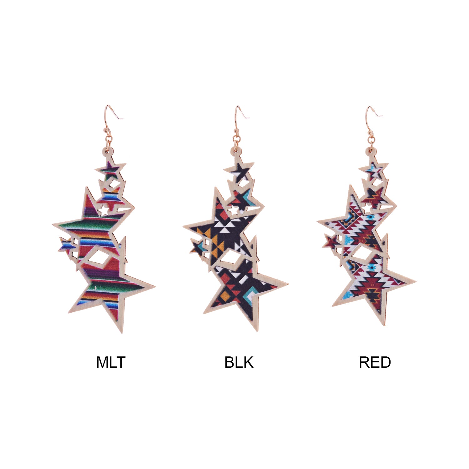 Wooden Aztec Patterned Star Earrings
