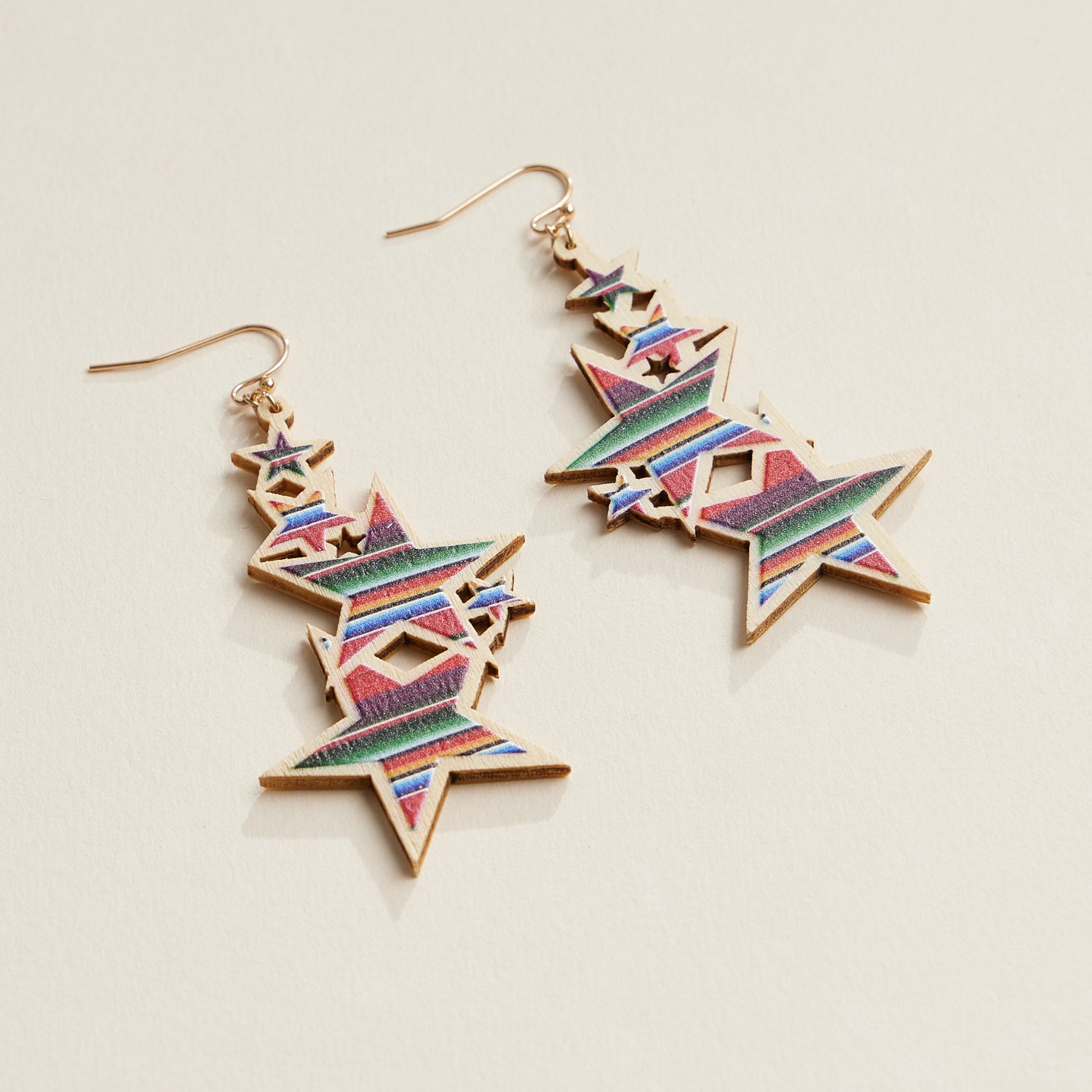 Wooden Aztec Patterned Star Earrings