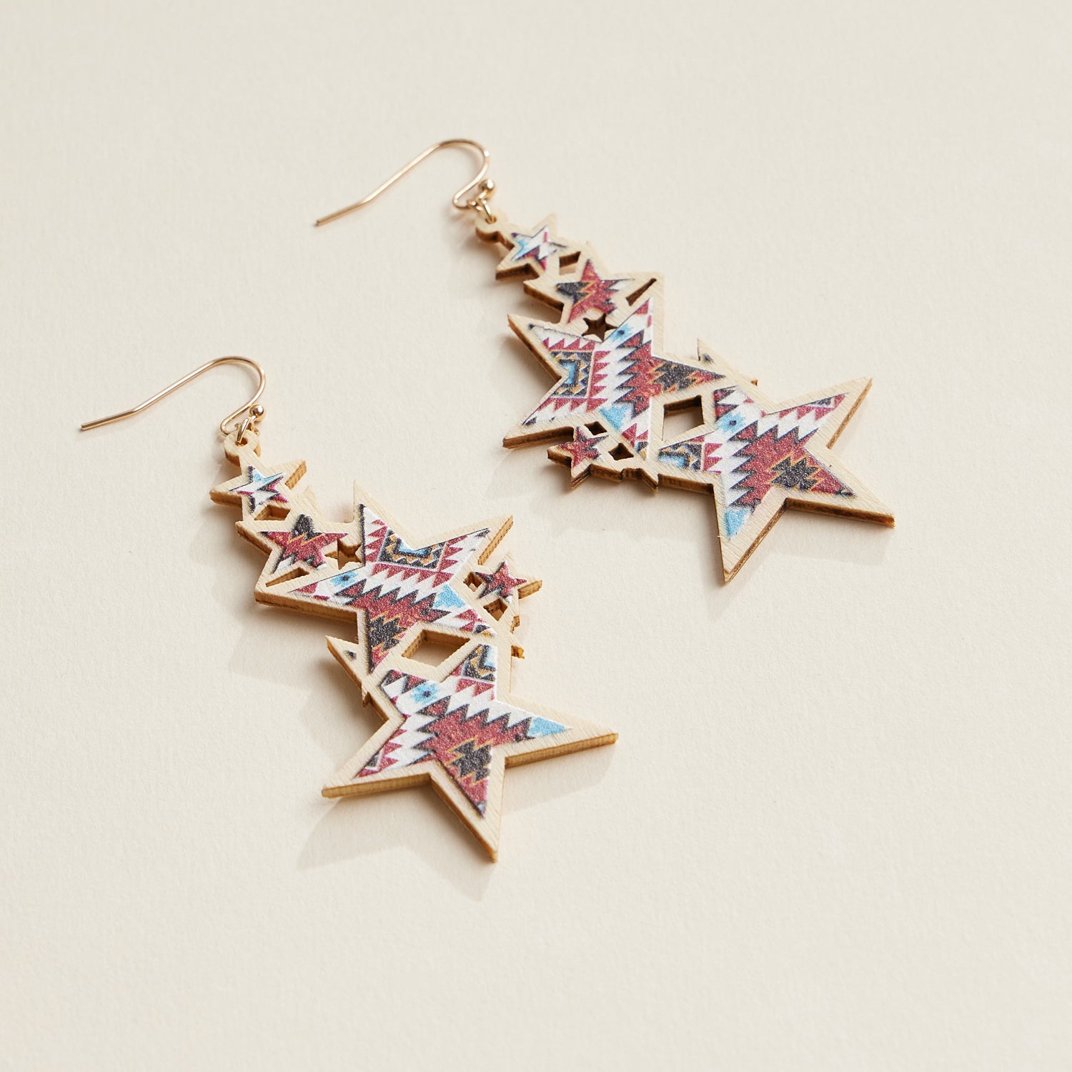 Wooden Aztec Patterned Star Earrings