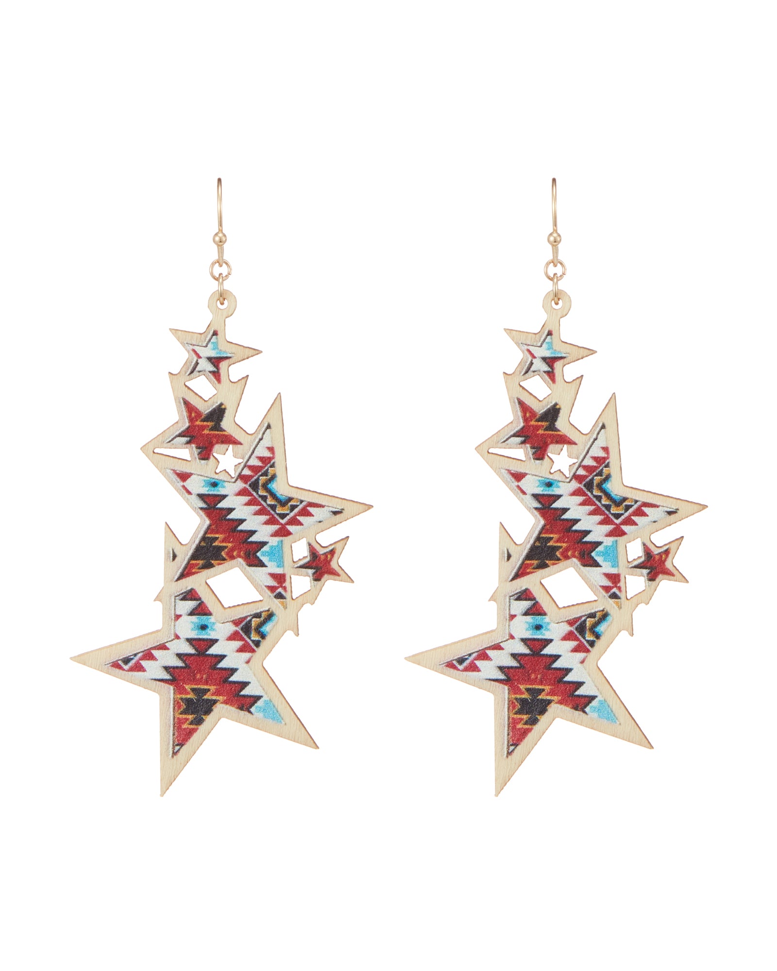Wooden Aztec Patterned Star Earrings