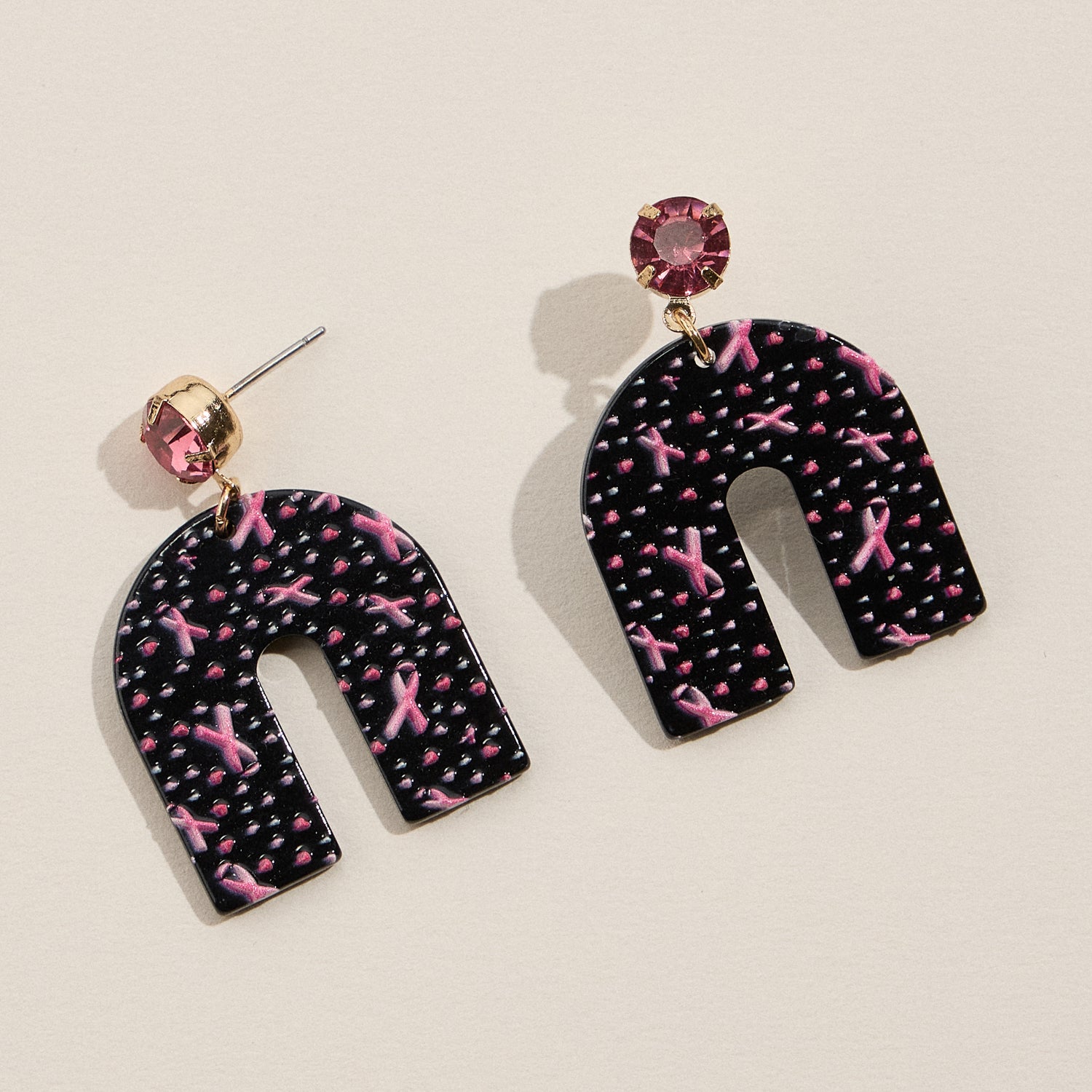 Acrylic Arch Earrings with Pink Ribbon Design