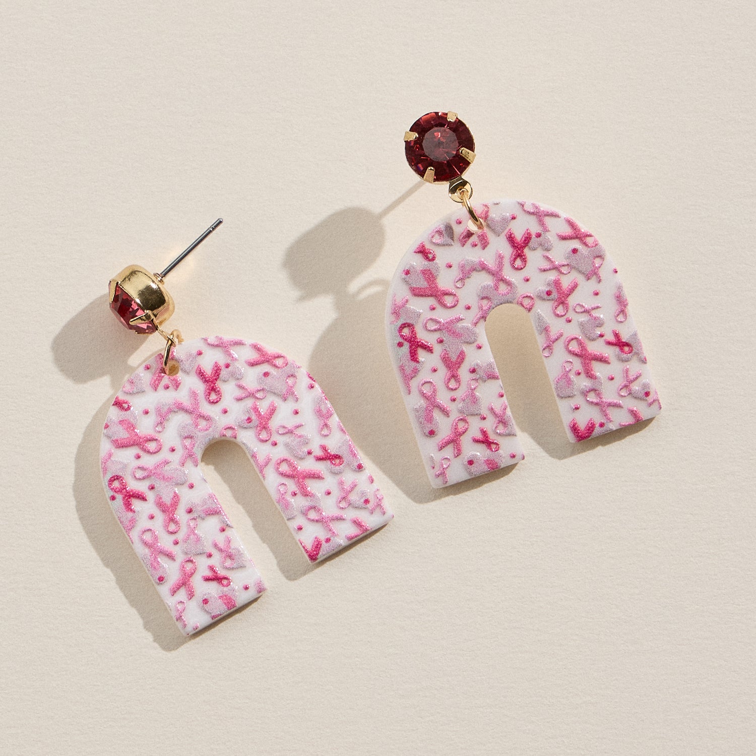Acrylic Arch Earrings with Pink Ribbon Design