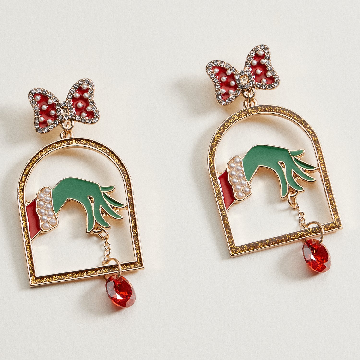 Enamel Green Monster Hand Earrings | Bow Christmas Dangles