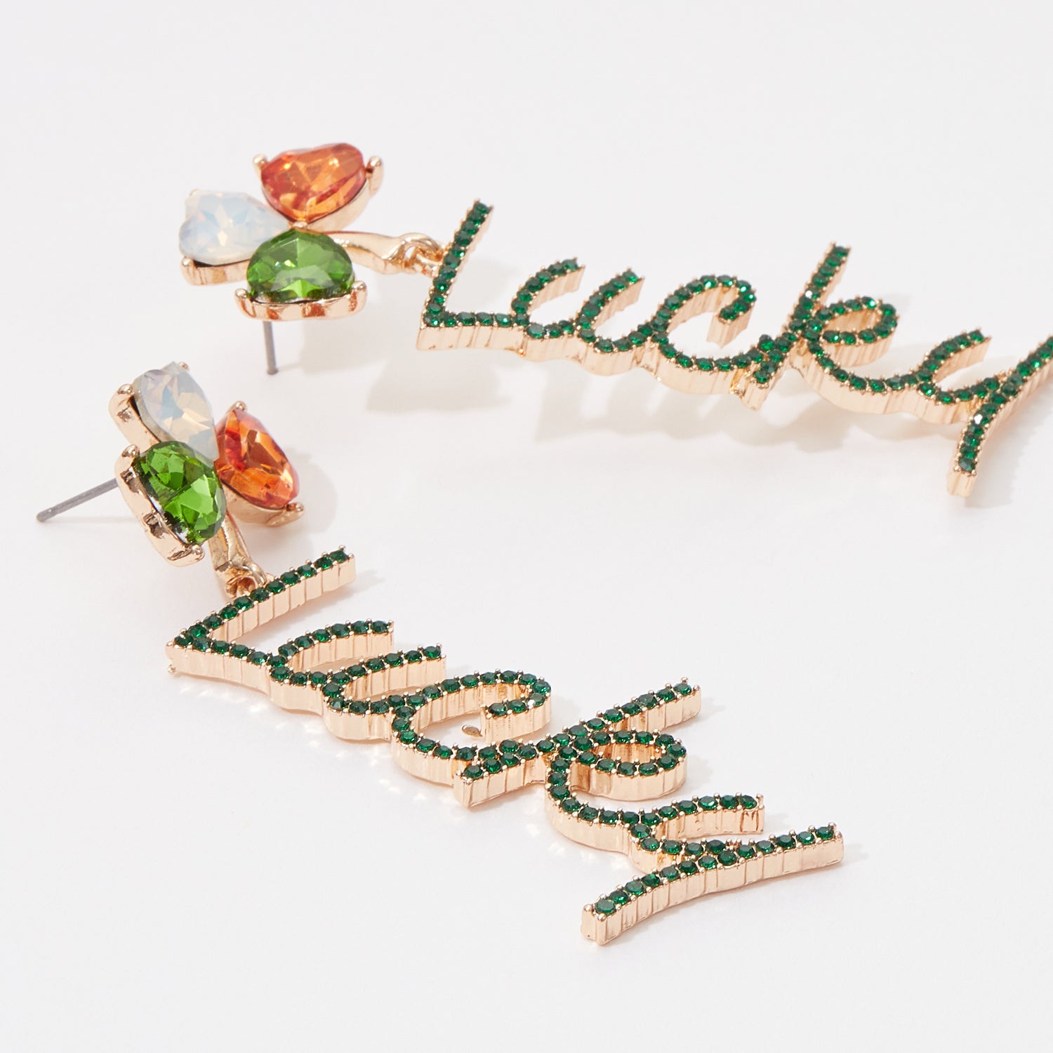 Linear Lucky Pave Stone Post Earrings for Saint Patrick Day