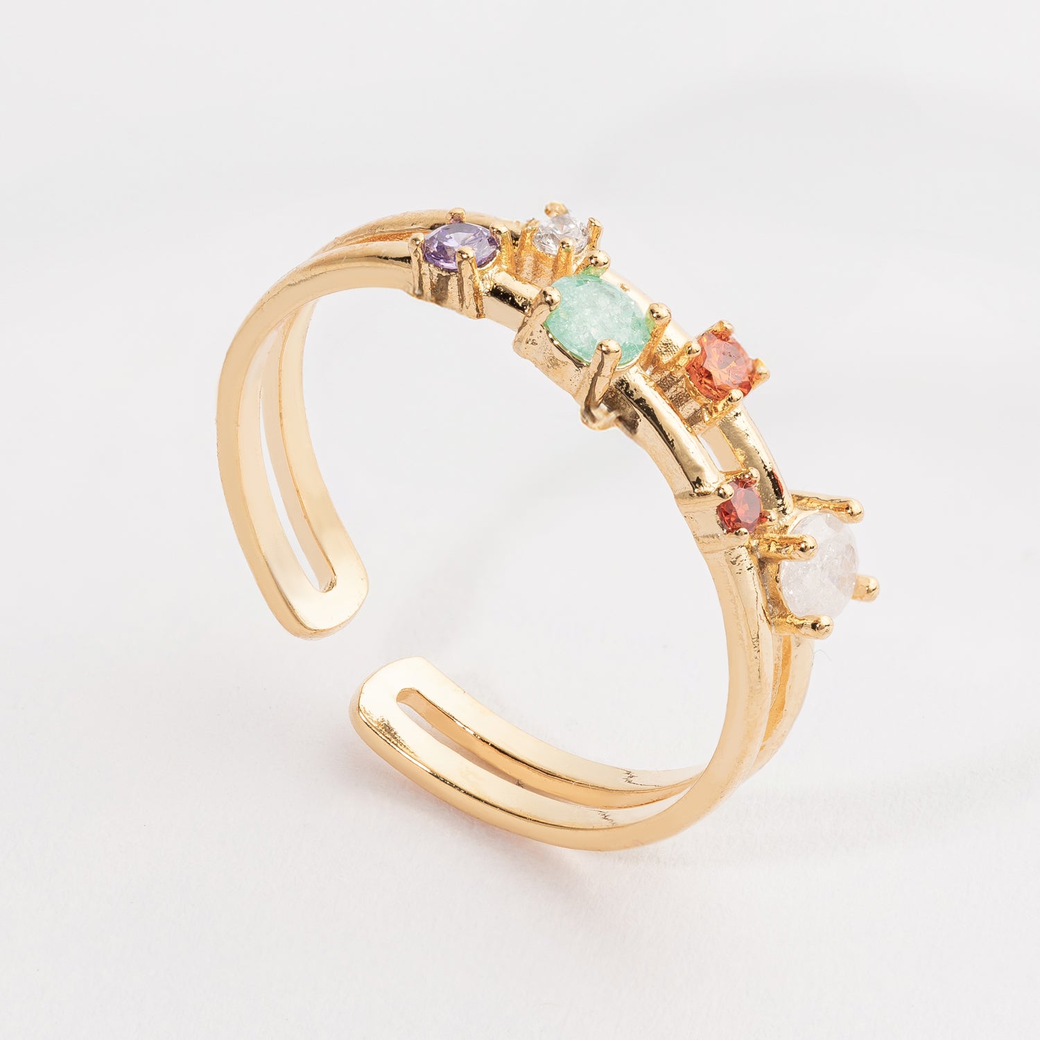 Gold Cuff Ring with Colorful Gemstone Accents