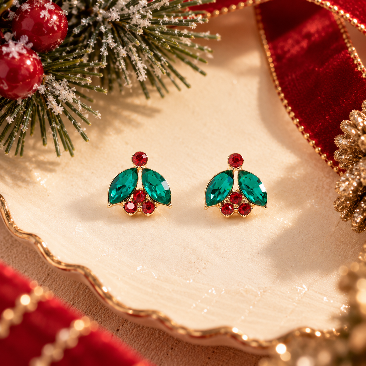 Christmas Rhinestone Holly Leaf Post Earrings