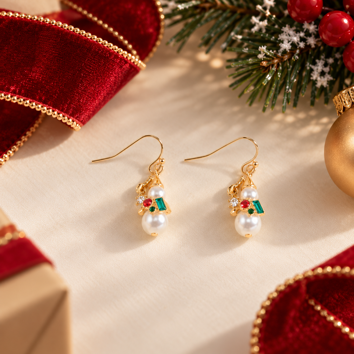Pearl Christmas Snowman Pearl Stone Hook Earrings