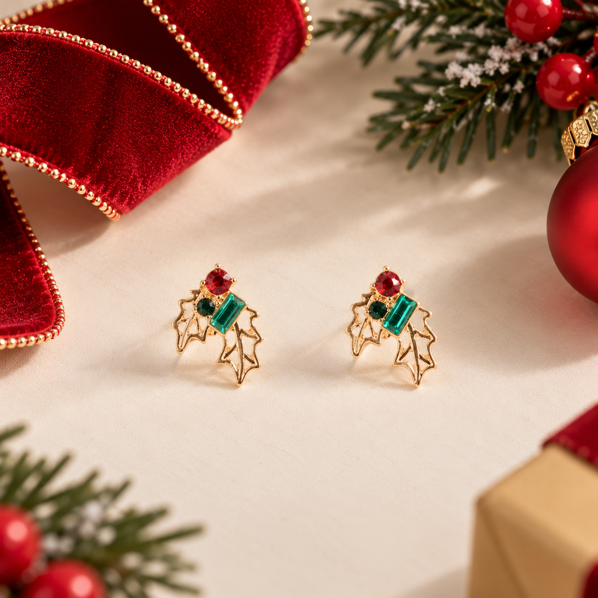 Christmas Holly Leaf Colored Rhinestone Earrings