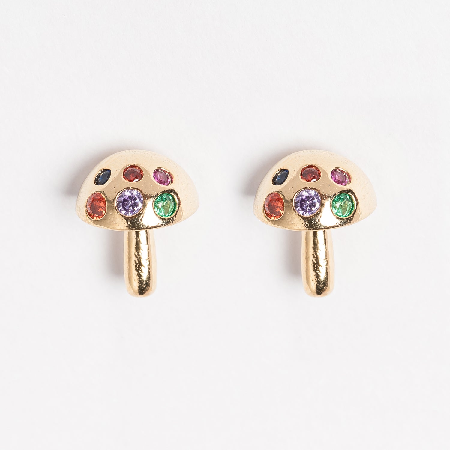 Gold Mushroom Stud Earrings with Colorful Stones