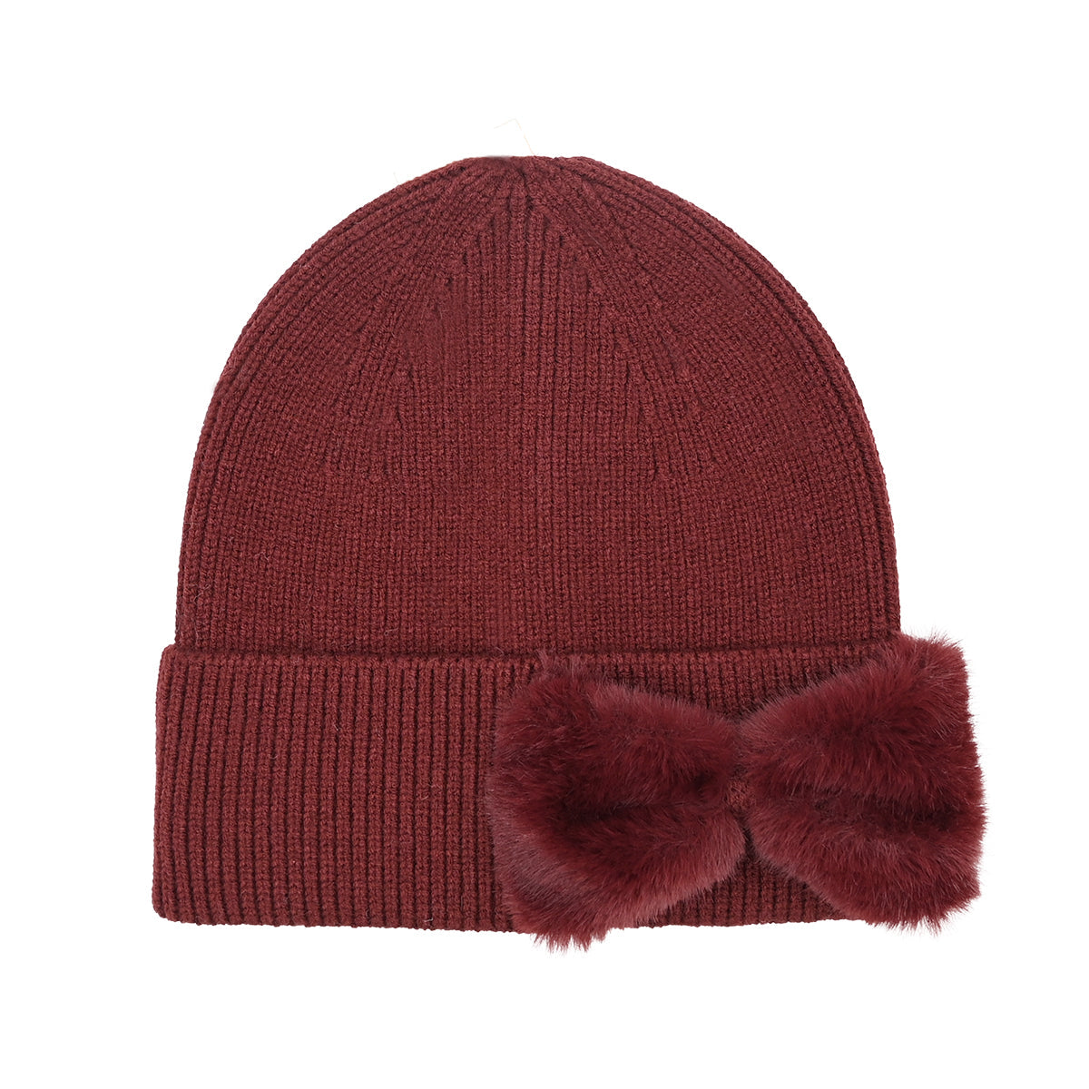 Faux Fur Bow Knit Beanie | Cozy Cuffed Winter Hat