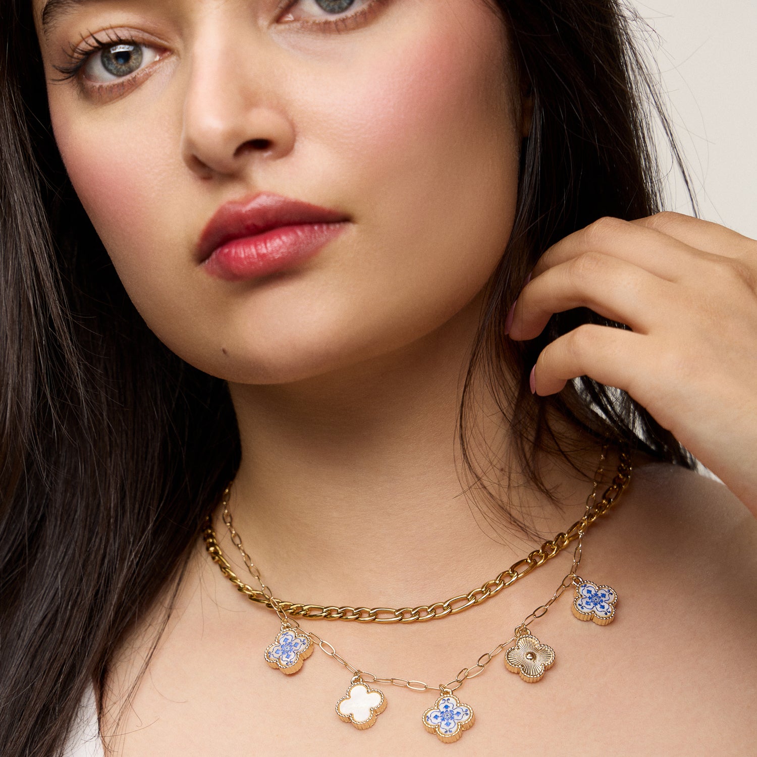 Blue Floral & Pearl Clover Charm Necklace