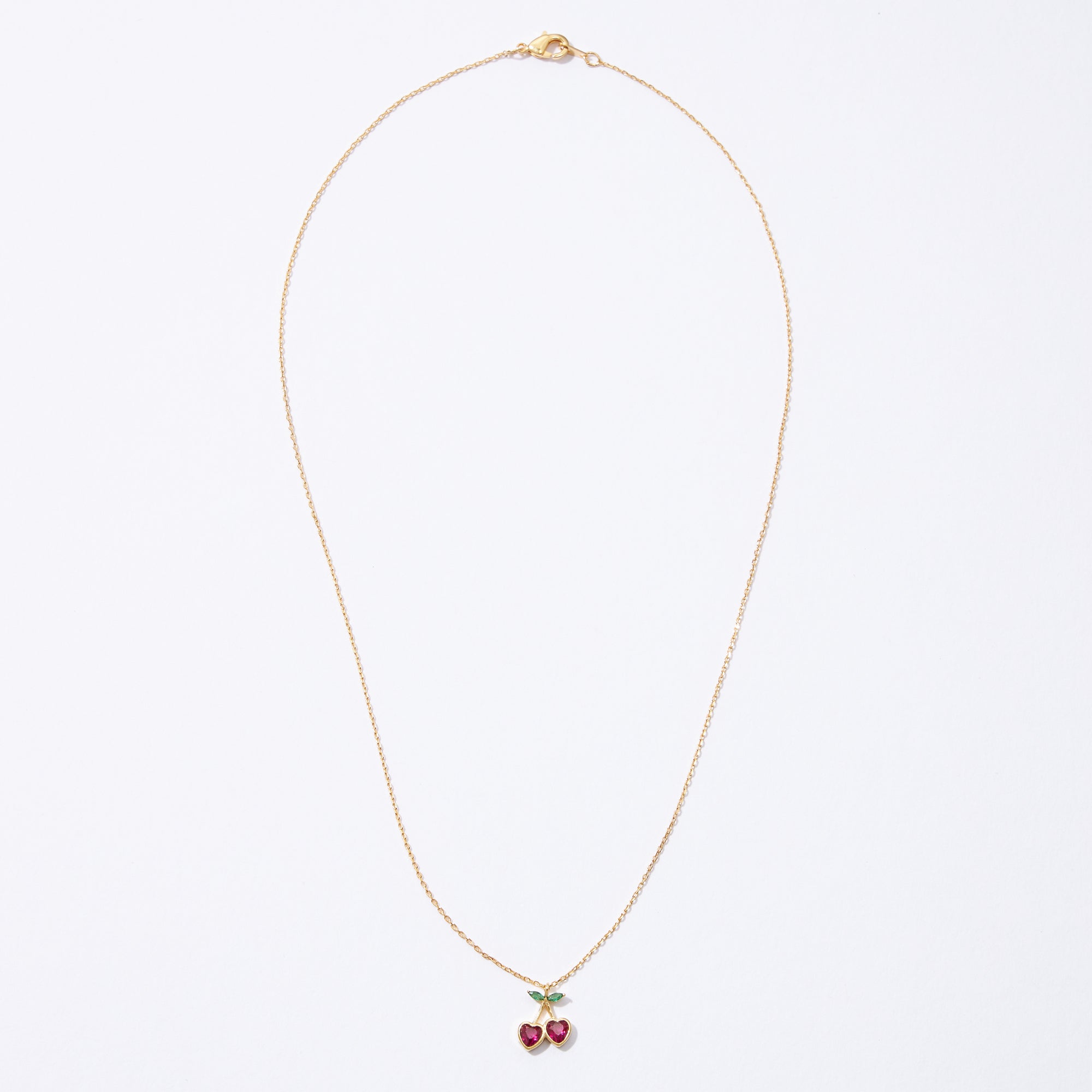 Gold Cherry Necklace with Heart-Shaped Red Stones & Green Leaf Accents – Dainty & Elegant Jewelry - Frem