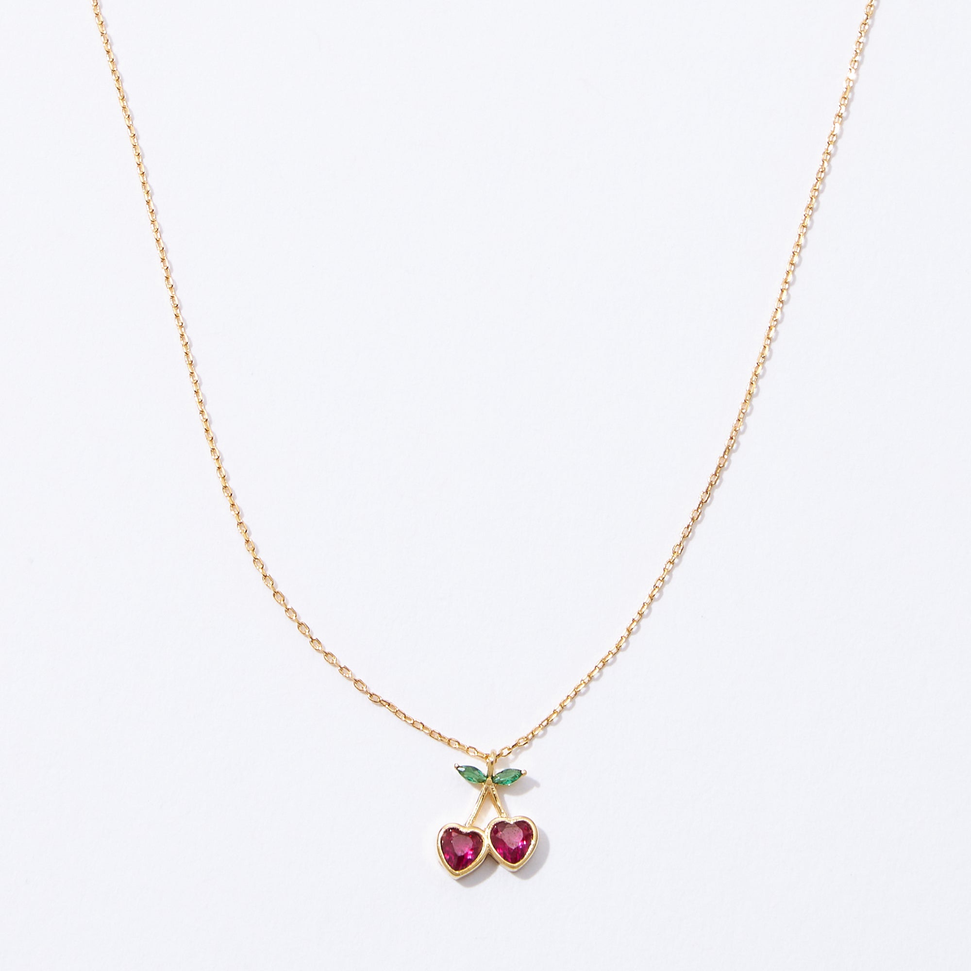Gold Cherry Necklace with Heart-Shaped Red Stones & Green Leaf Accents – Dainty & Elegant Jewelry - Frem