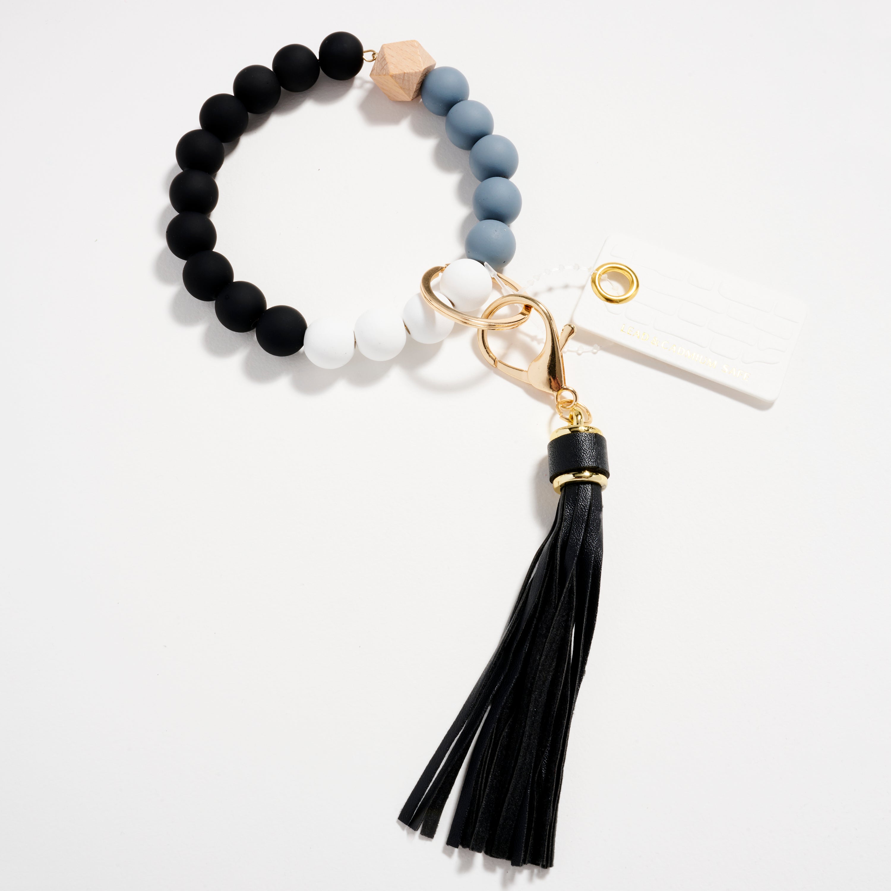 Wood & Rubber Bead Tassel Keychain Bracelet | Wristlet