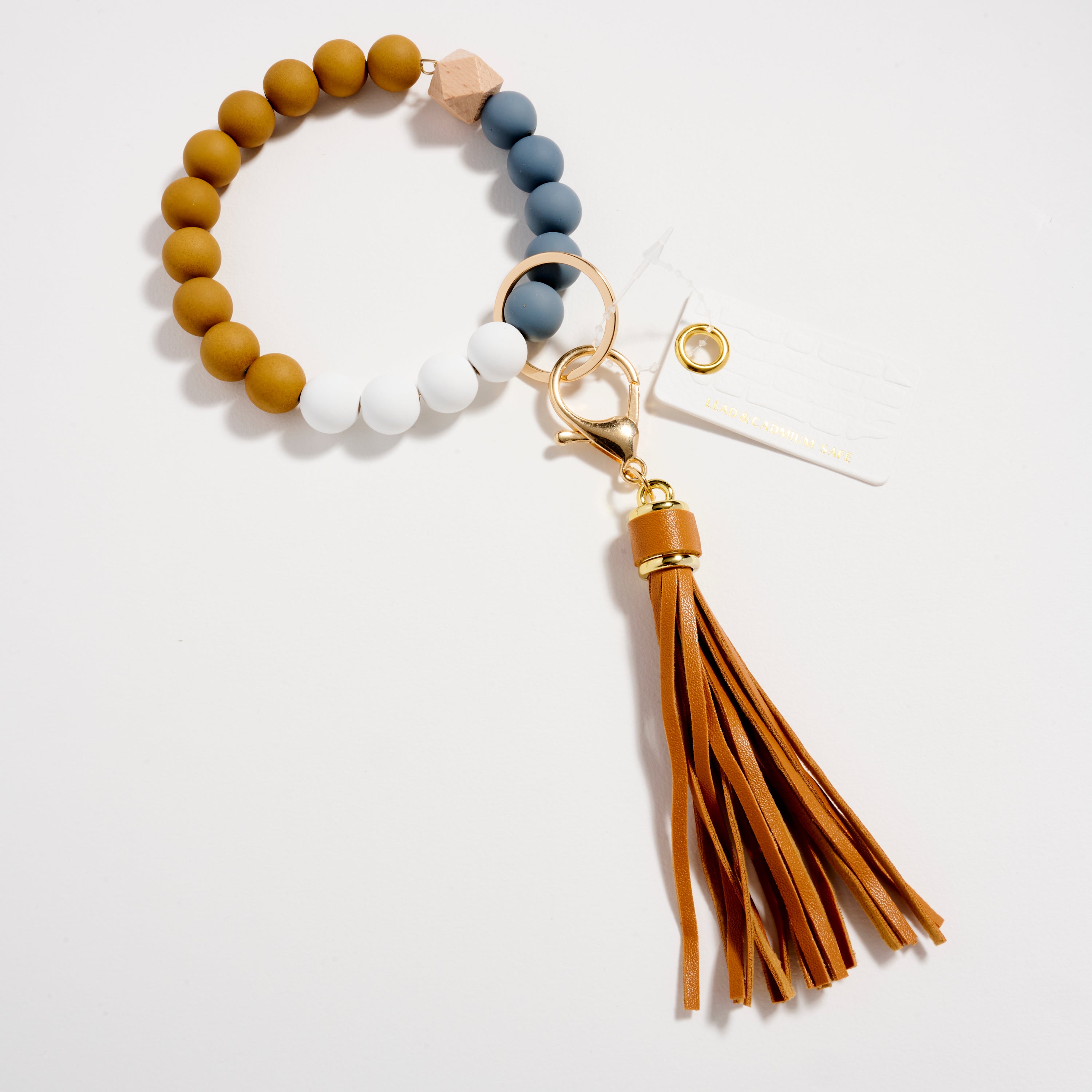 Wood & Rubber Bead Tassel Keychain Bracelet | Wristlet