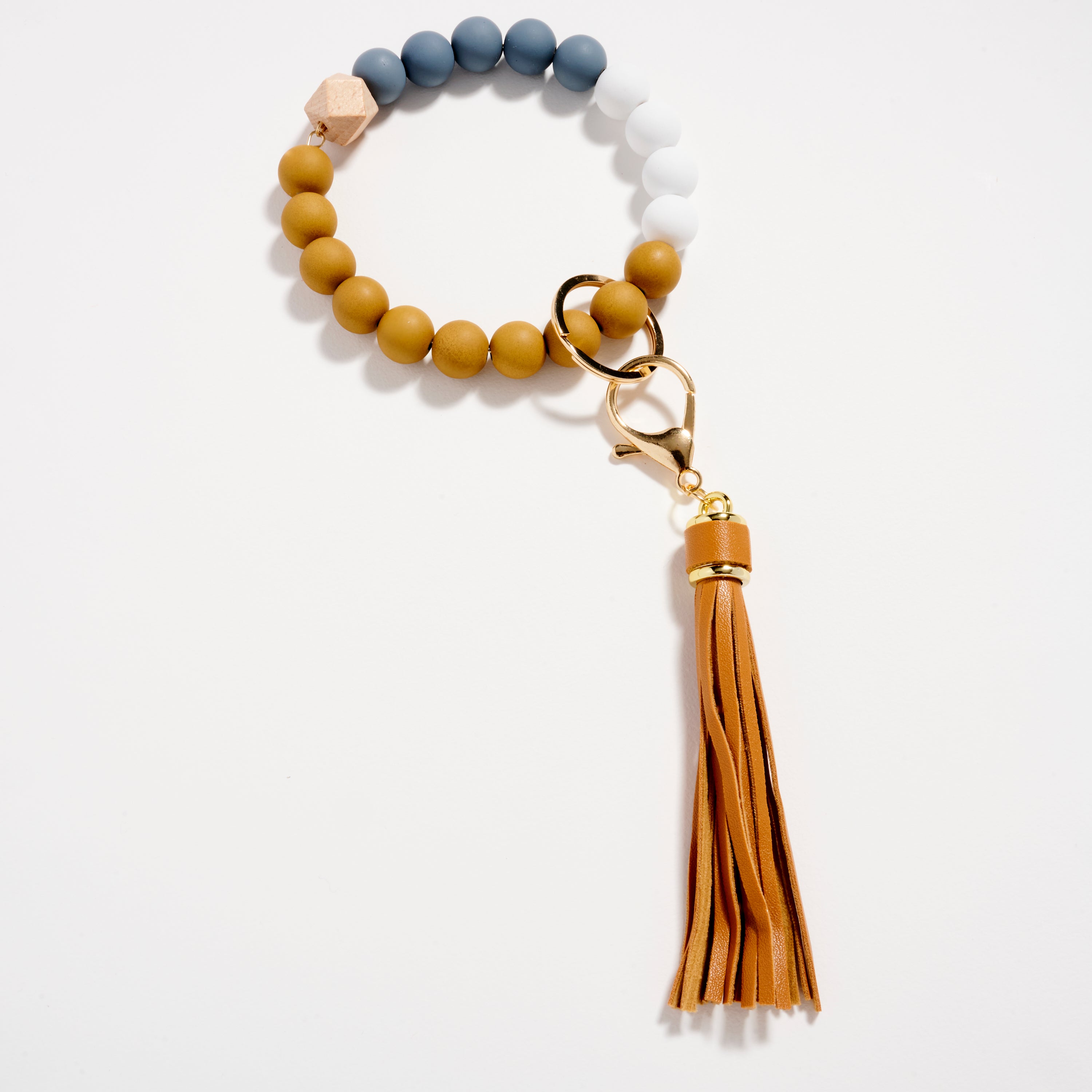 Wood & Rubber Bead Tassel Keychain Bracelet | Wristlet