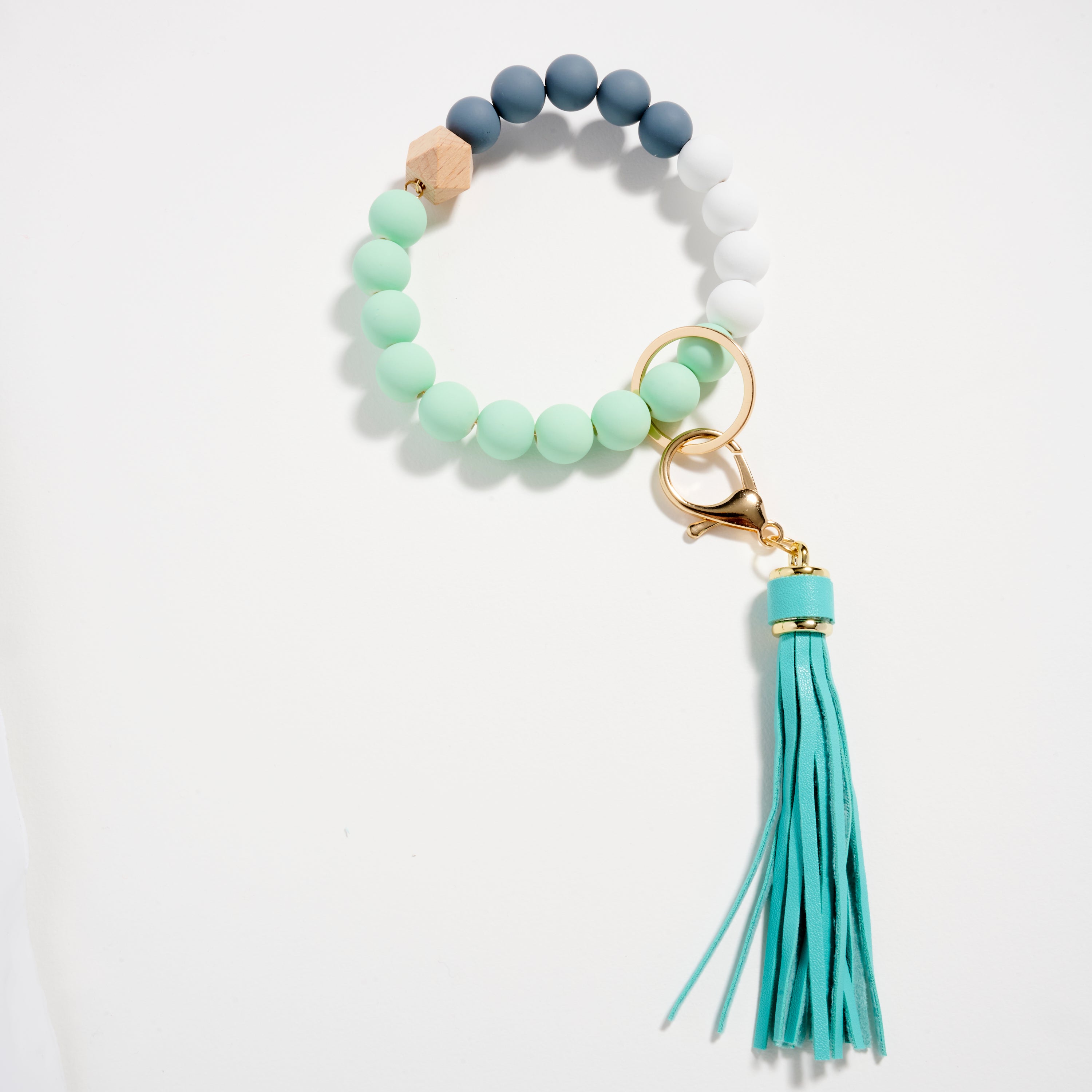 Wood & Rubber Bead Tassel Keychain Bracelet | Wristlet
