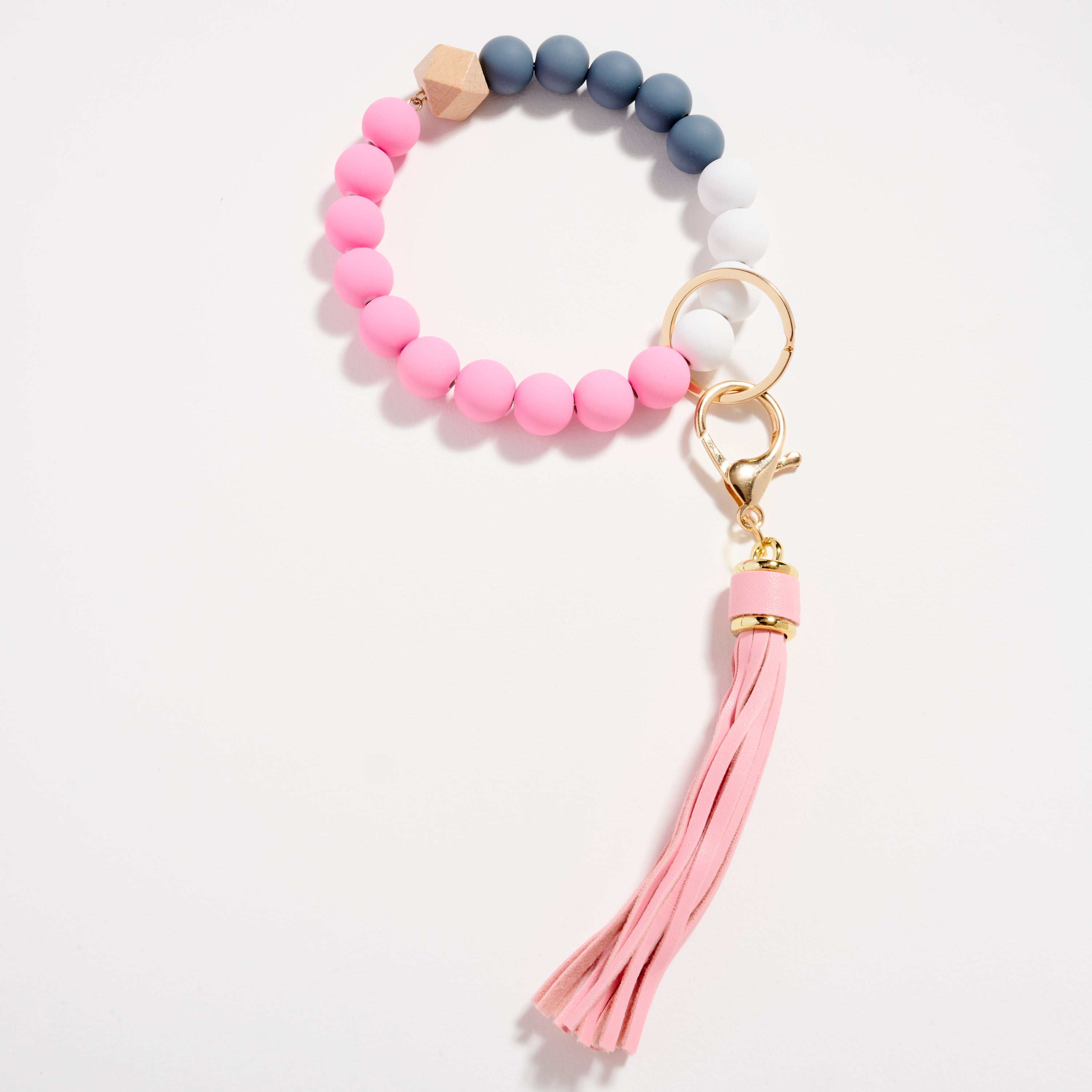 Wood & Rubber Bead Tassel Keychain Bracelet | Wristlet