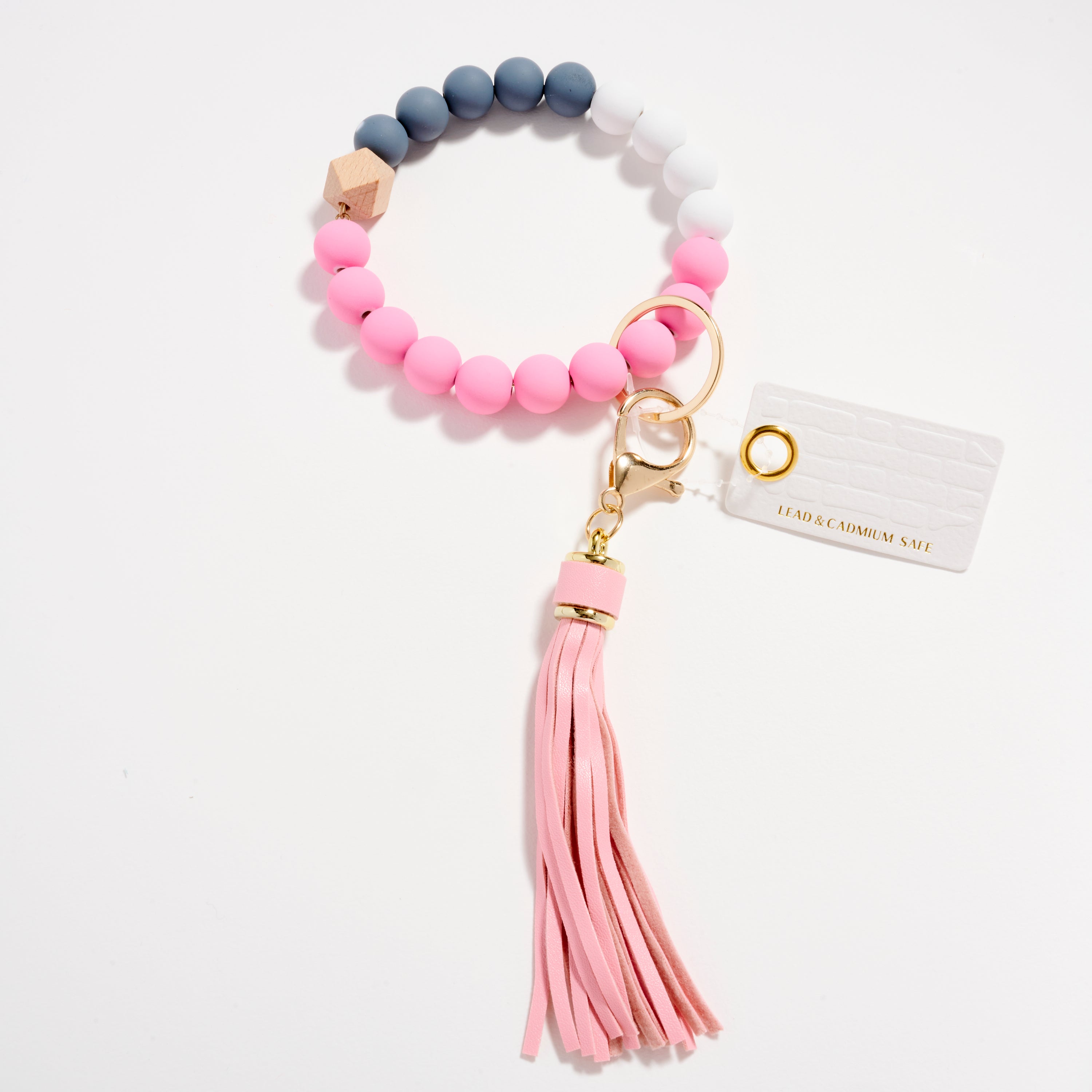 Wood & Rubber Bead Tassel Keychain Bracelet | Wristlet