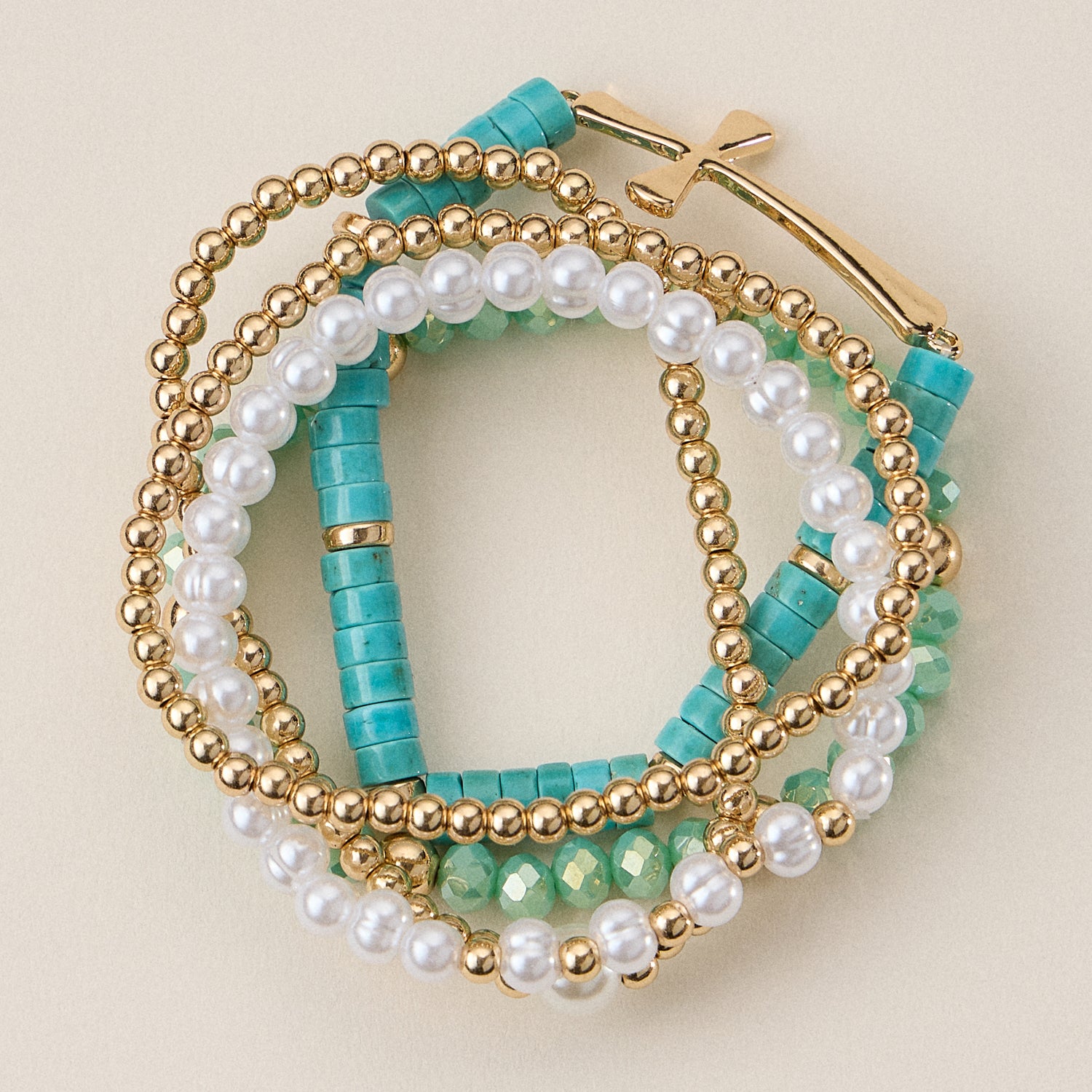 Faith & Cross & Pearl Stretch Bracelet Stack Set
