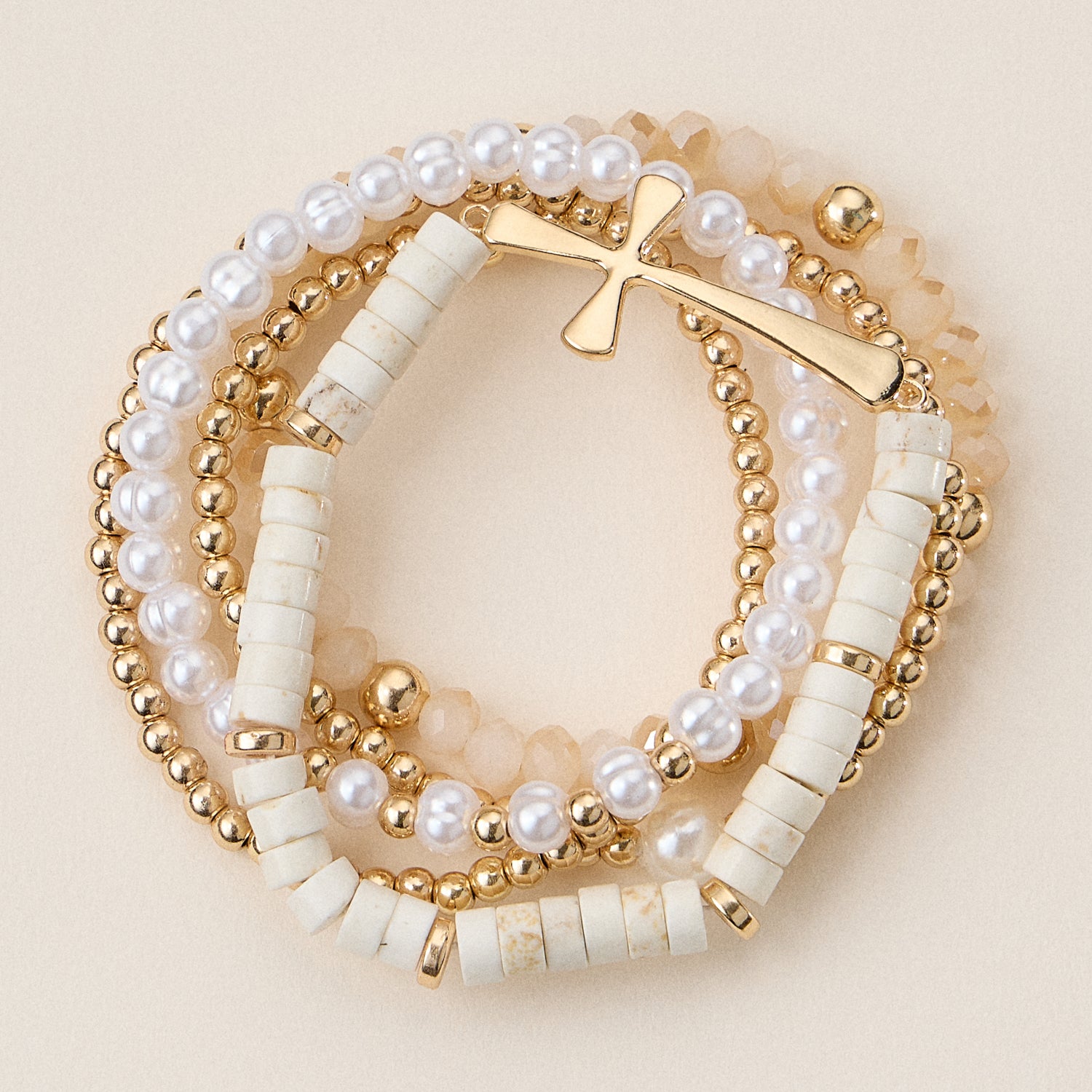 Faith & Cross & Pearl Stretch Bracelet Stack Set