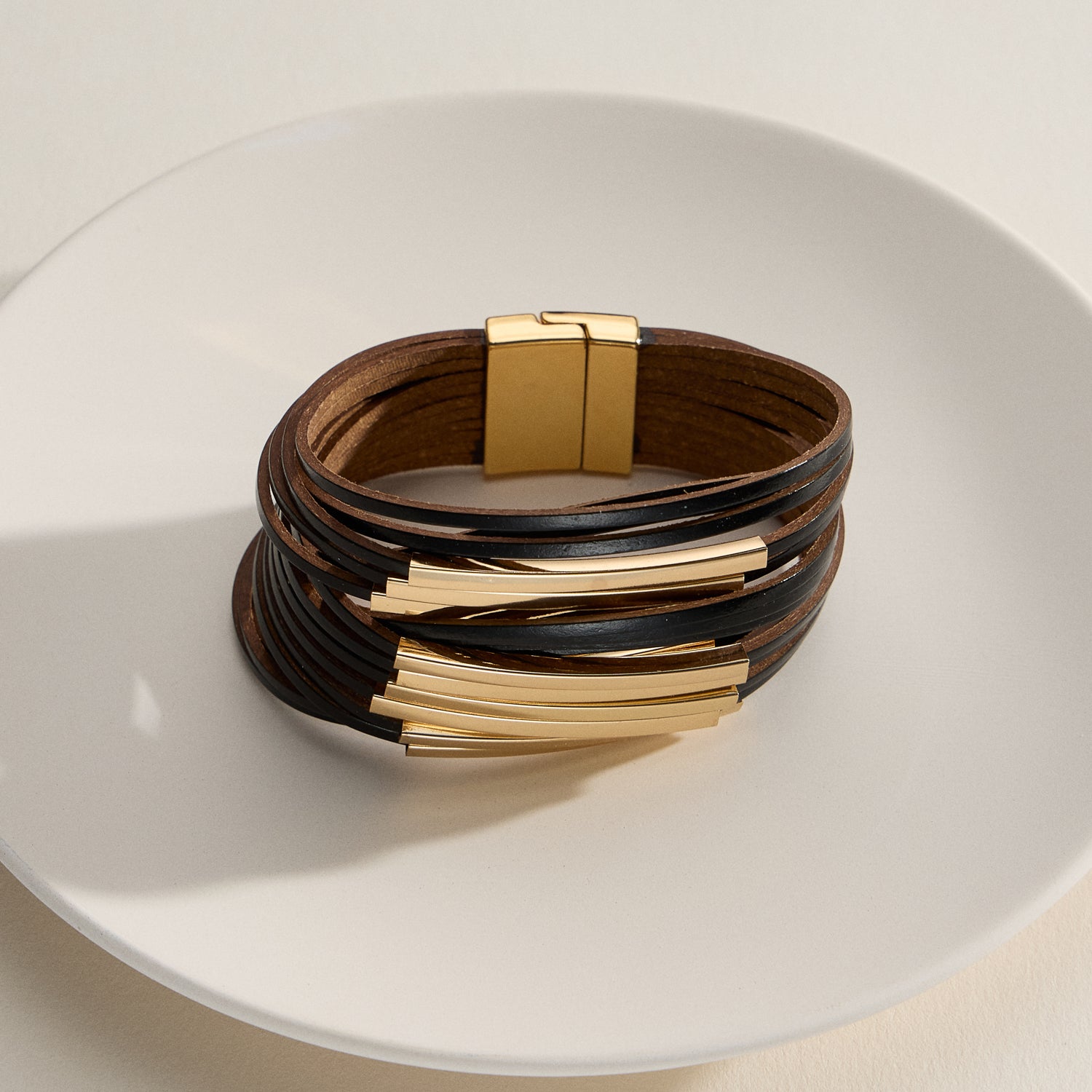Layered Leather Wrap Bracelet – Natural Stone Detail with Metal Clasp