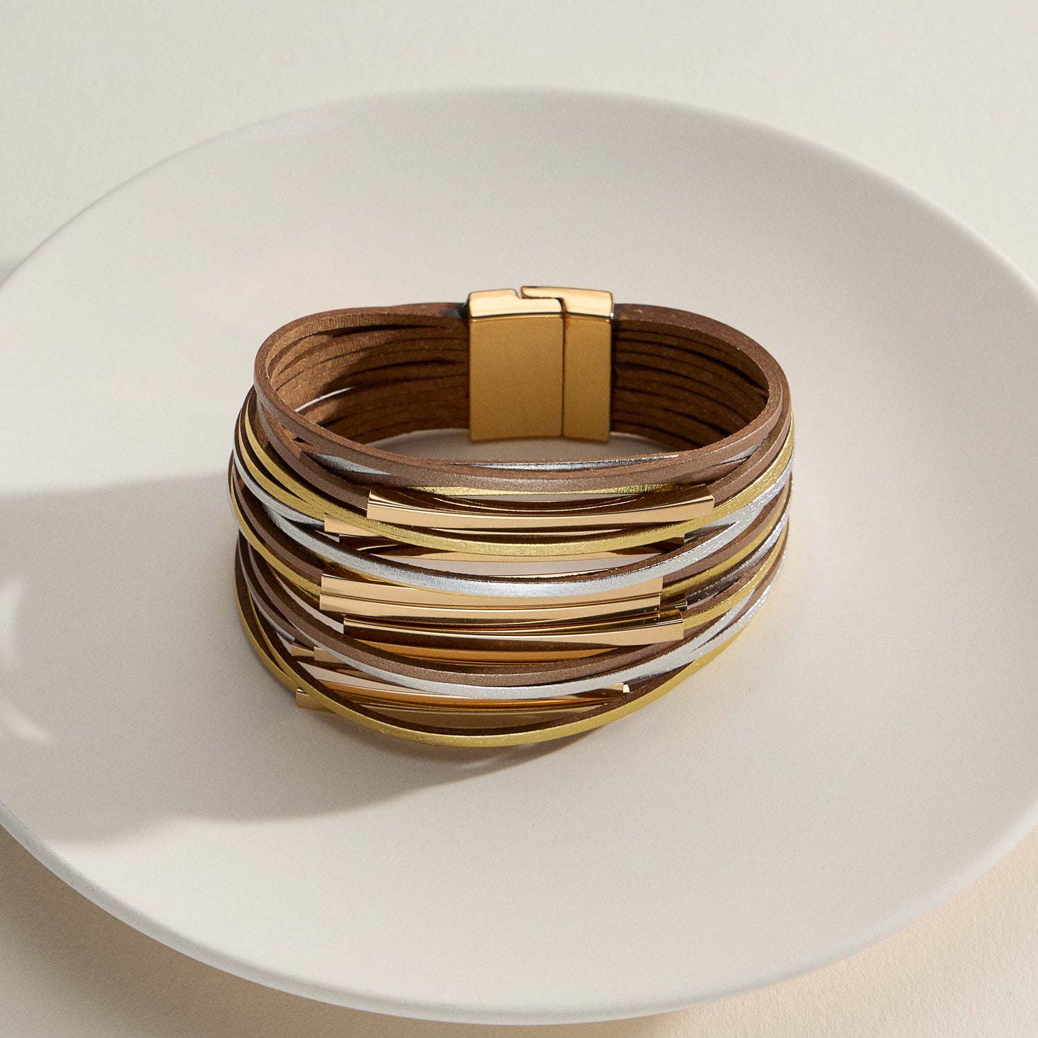 Layered Leather Wrap Bracelet – Natural Stone Detail with Metal Clasp