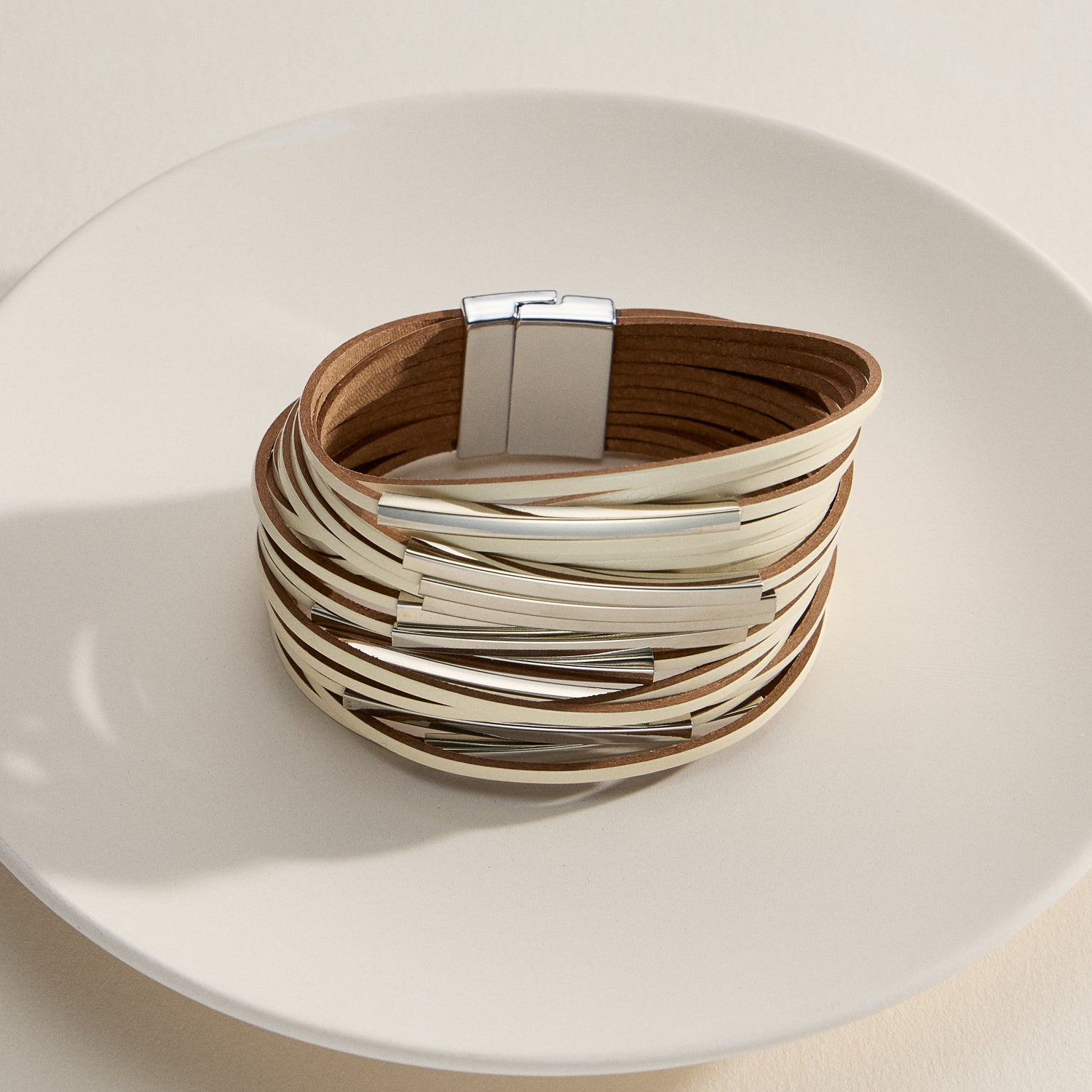 Layered Leather Wrap Bracelet – Natural Stone Detail with Metal Clasp