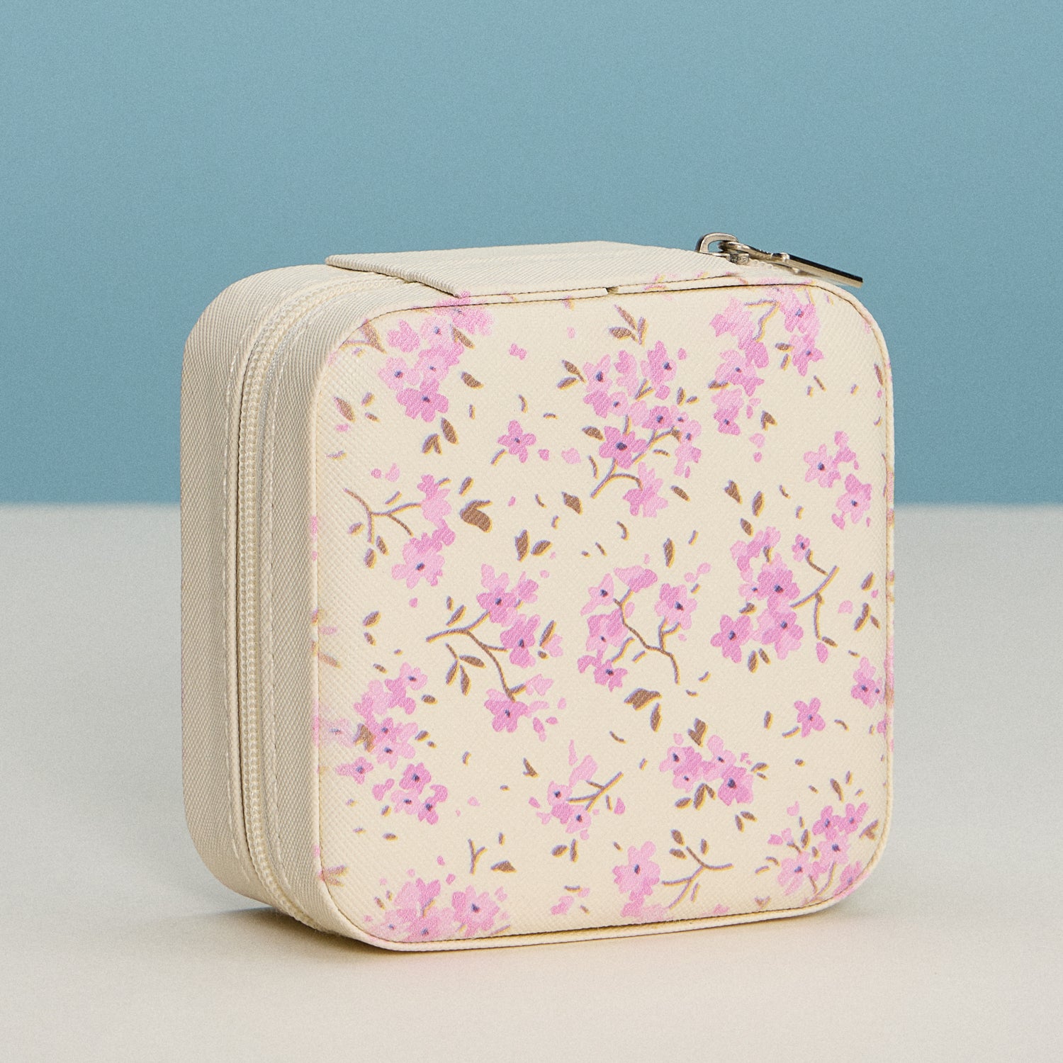 Floral Travel Jewelry Box with Mirror – Compact Zippered Jewelry Organizer in Cream & Pink - Frem